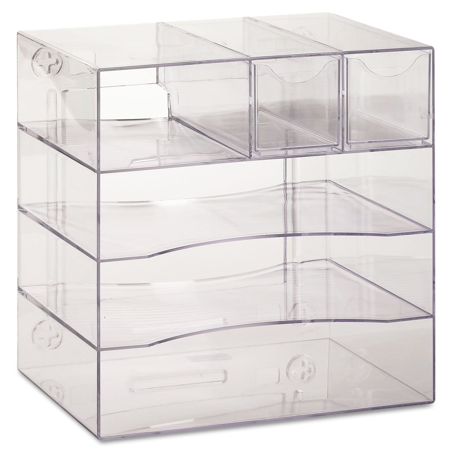 Optimizers Four-Way Organizer with Drawers, 6 Compartments, 2 Drawers, Plastic, 10 x 13.25 x 13.25, Clear - 