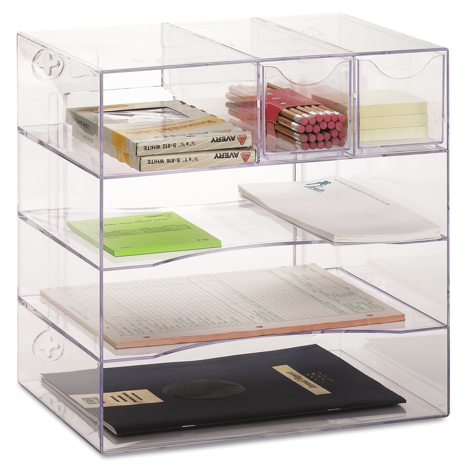 Optimizers Four-Way Organizer with Drawers, 6 Compartments, 2 Drawers, Plastic, 10 x 13.25 x 13.25, Clear - 