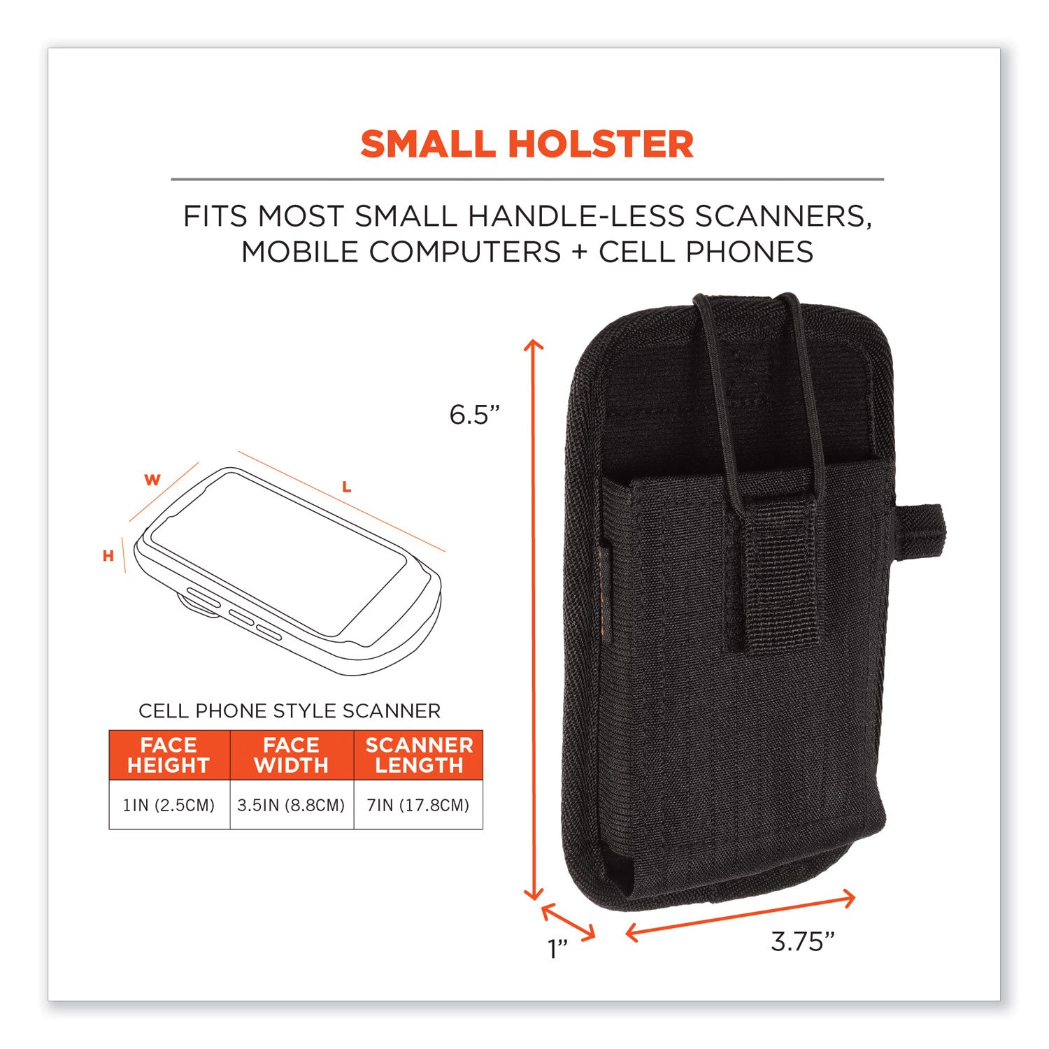 Squids 5544 Phone Style Scanner Holster w/Belt Clip and Loops, 1 Comp, 3.75x1x6.5, Polyester,Black,Ships in 1-3 Business Days