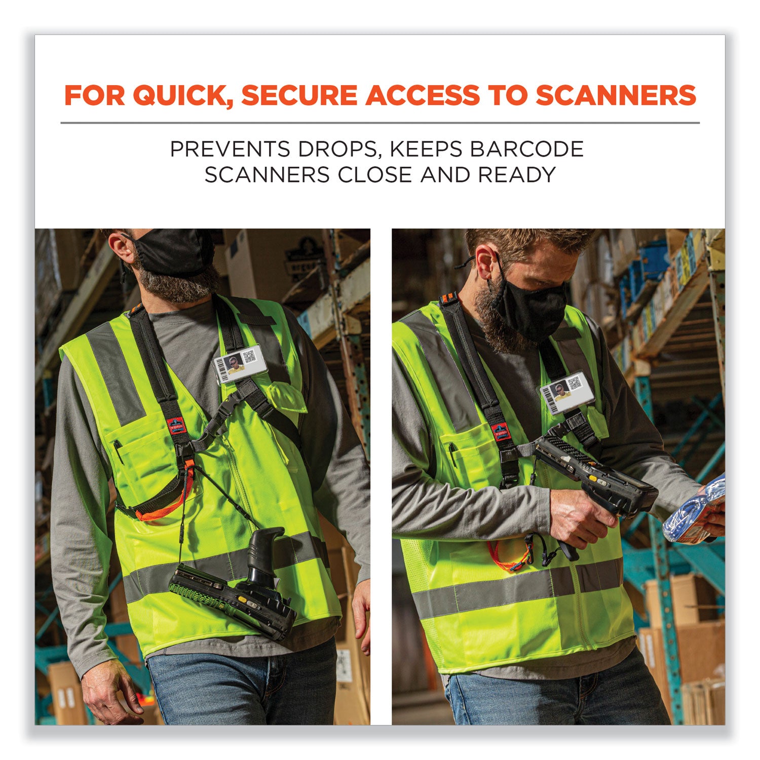 Squids 3138 Padded Barcode Scanner Lanyard Harness, 33" Arm Straps,18.5" Lanyard,Black/Orange/Gray,Ships in 1-3 Business Days