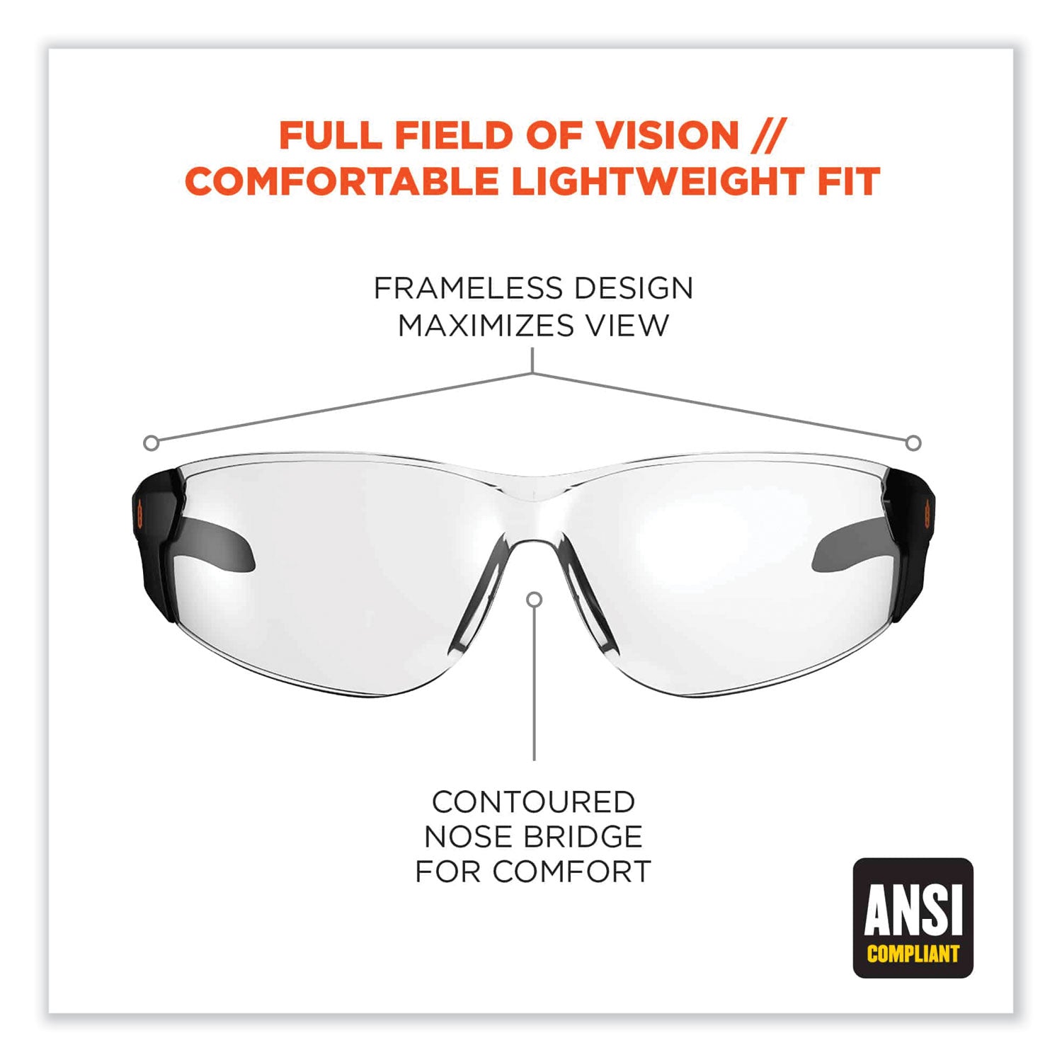 Skullerz Saga Frameless Safety Glasses, Matte Black Nylon Impact Frame, Clear Polycarbonate Lens, Ships in 1-3 Business Days