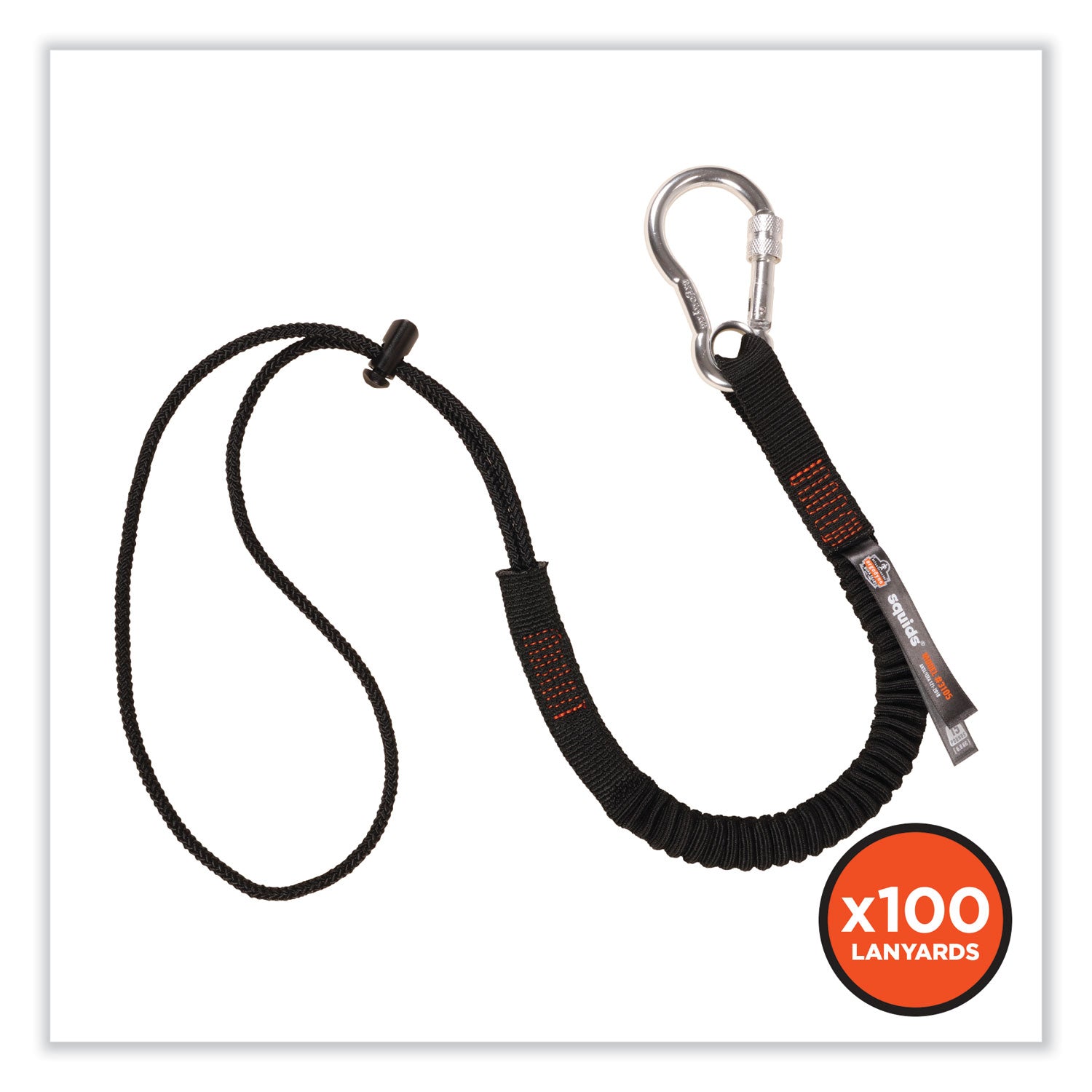 Squids 3105 Tool Lanyard w/Aluminum Carabiner+Cinch-Loop, 15lb Max Work Cap, 32" to 48", BK,100/PK,Ships in 1-3 Business Days