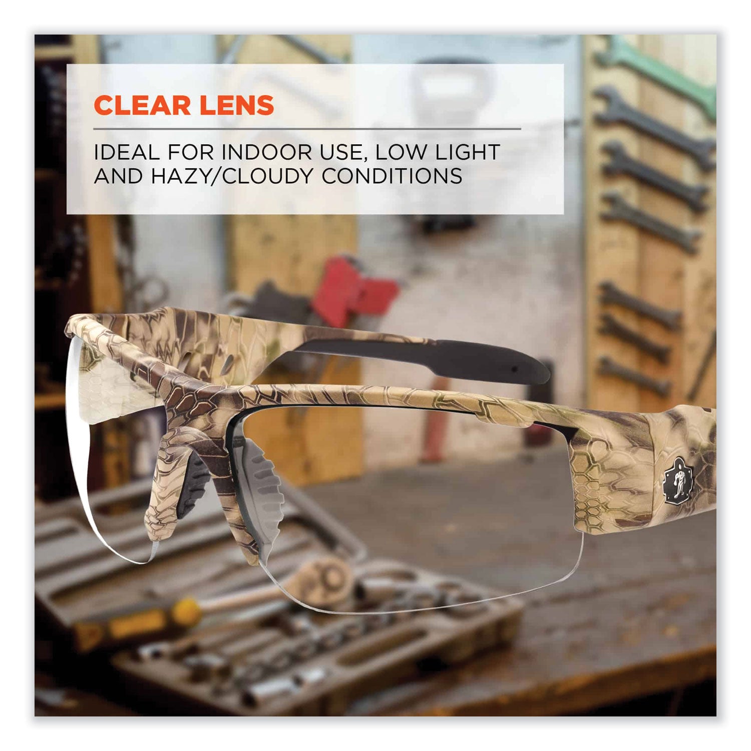 Skullerz Dagr Clear Lens Safety Glasses - Recommended for: Sport, Shooting, Boating, Hunting, Fishing, Skiing, Construction, Landscaping, Carpentry, Shower - UVA, UVB, UVC, Debris, Dust Protection - Clear Lens - Kryptek Highlander Frame - Scratch Res