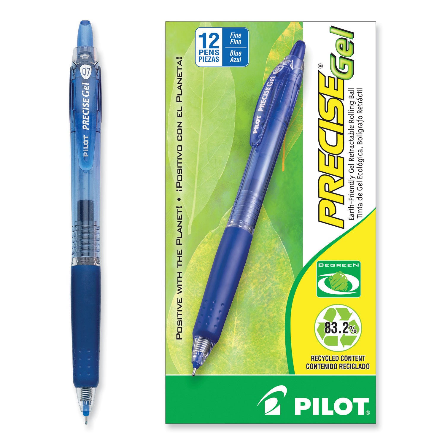 Precise Gel BeGreen Gel Pen, Retractable, Fine 0.7 mm, Blue Ink, Translucent Blue Barrel, Dozen