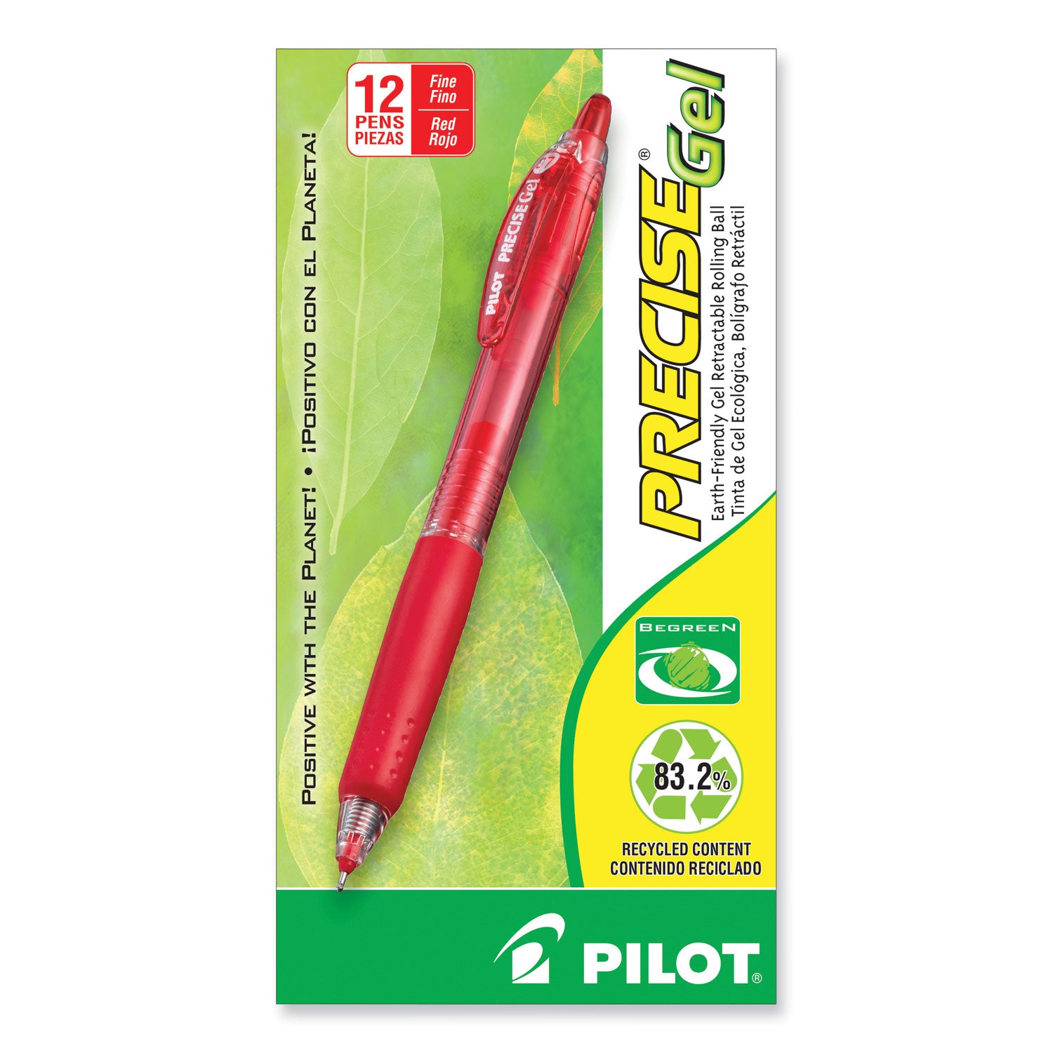 Precise Gel BeGreen Gel Pen, Retractable, Fine 0.7 mm, Red Ink, Translucent Red Barrel, Dozen