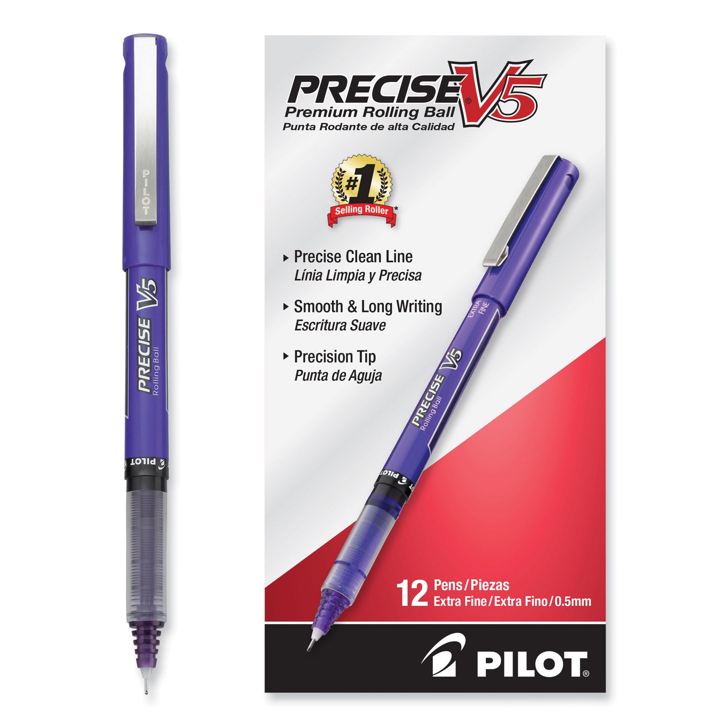 Precise V5 Roller Ball Pen, Stick, Extra-Fine 0.5 mm, Purple Ink, Purple/Clear Barrel, Dozen