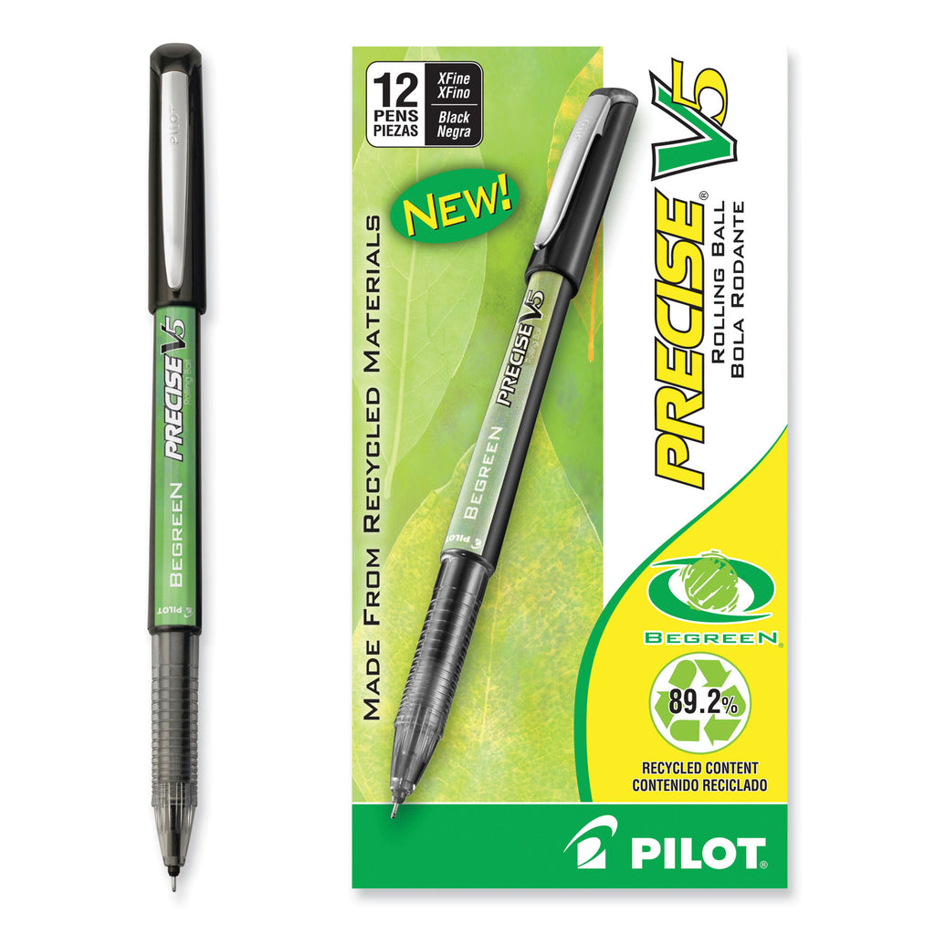Precise V5 BeGreen Roller Ball Pen, Stick, Extra-Fine 0.5 mm, Black Ink, Black Barrel, Dozen