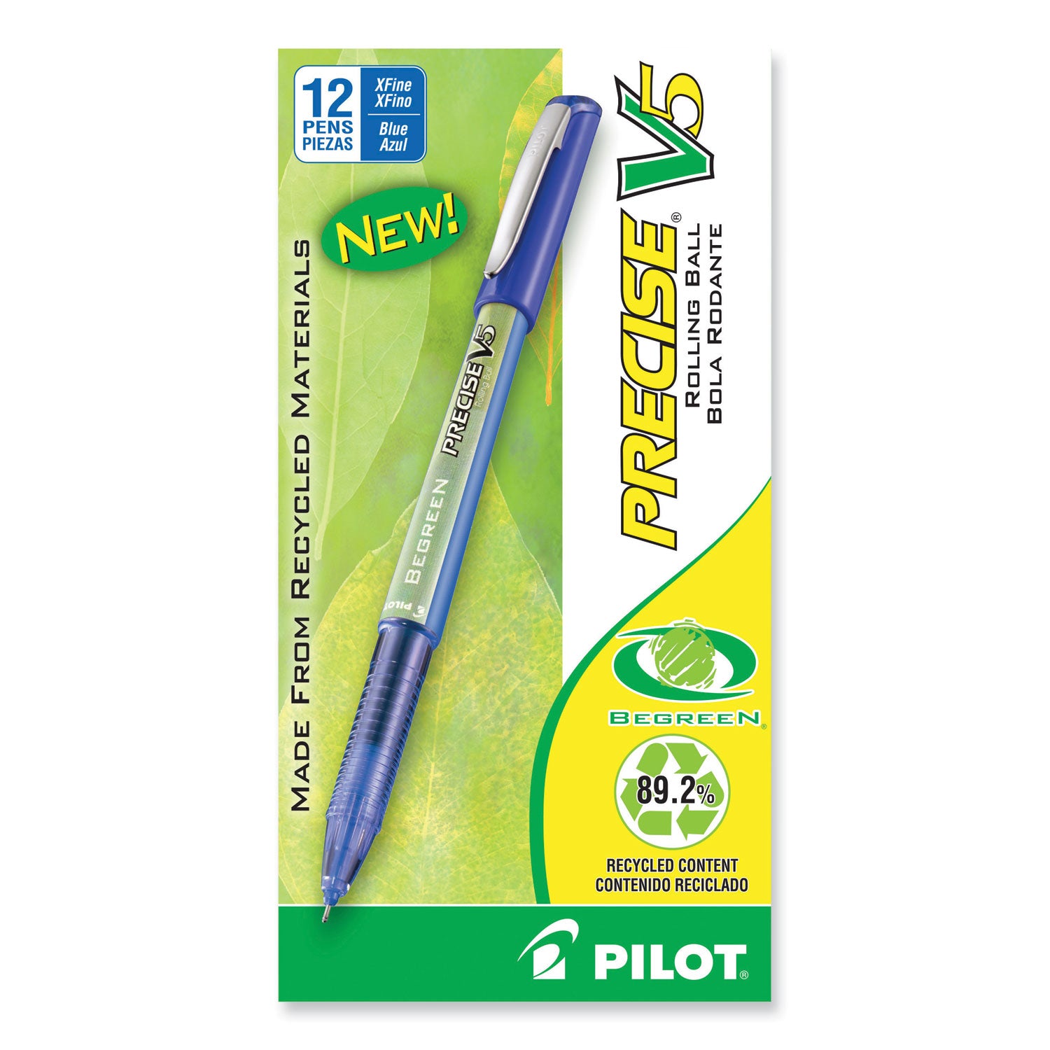 Precise V5 BeGreen Roller Ball Pen, Stick, Extra-Fine 0.5 mm, Blue Ink, Blue Barrel, Dozen