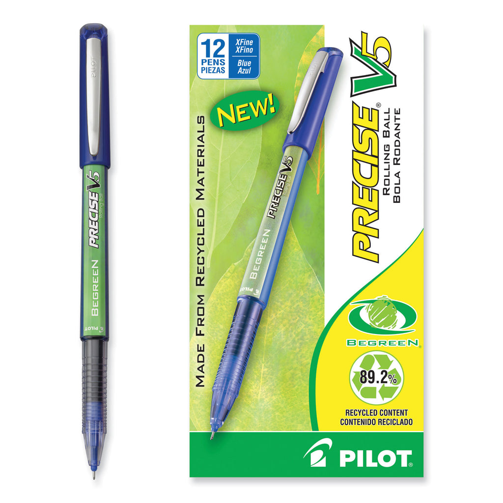 Precise V5 BeGreen Roller Ball Pen, Stick, Extra-Fine 0.5 mm, Blue Ink, Blue Barrel, Dozen