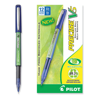 Precise V5 BeGreen Roller Ball Pen, Stick, Extra-Fine 0.5 mm, Blue Ink, Blue Barrel, Dozen