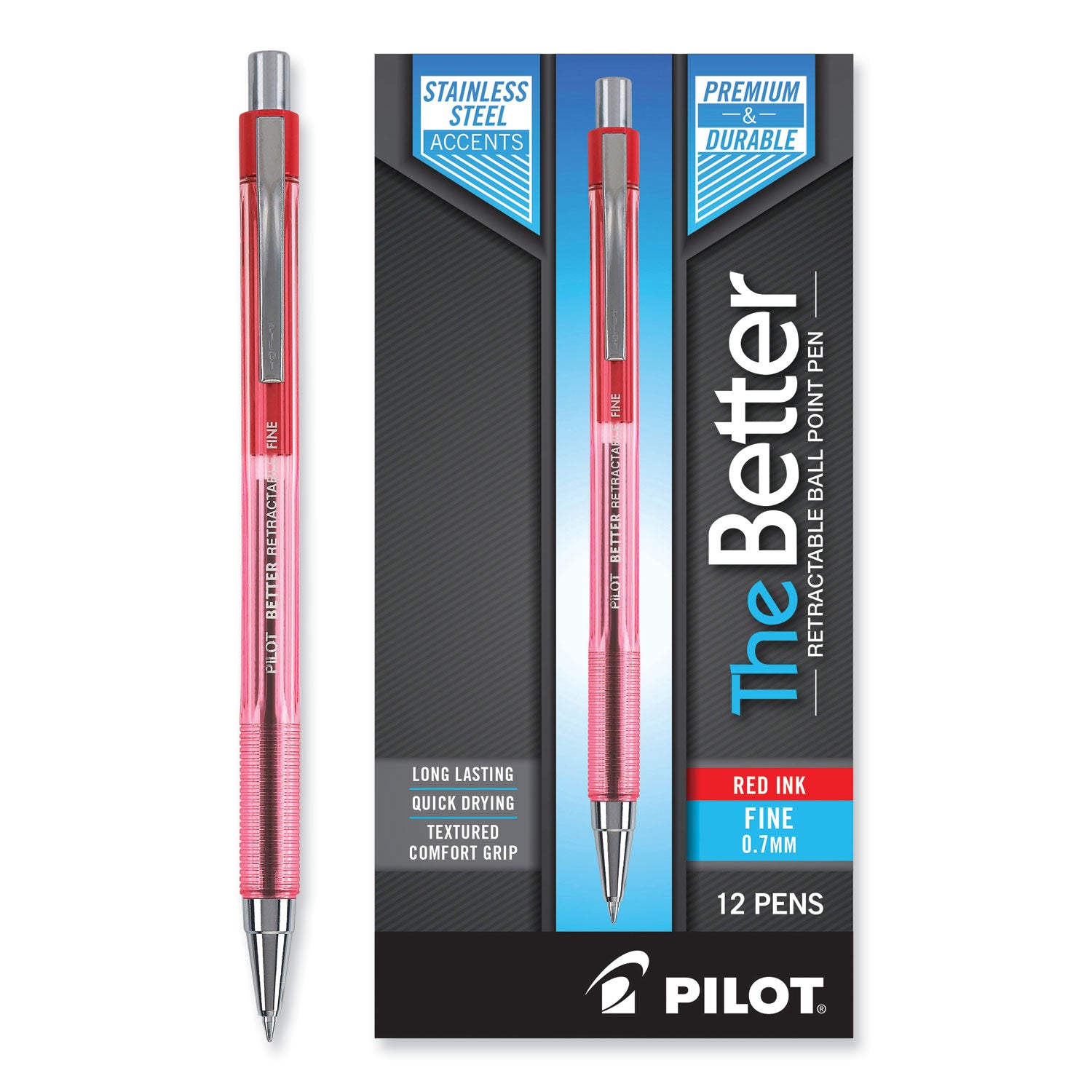 Better Ballpoint Pen, Retractable, Fine 0.7 mm, Red Ink, Translucent Red Barrel, Dozen
