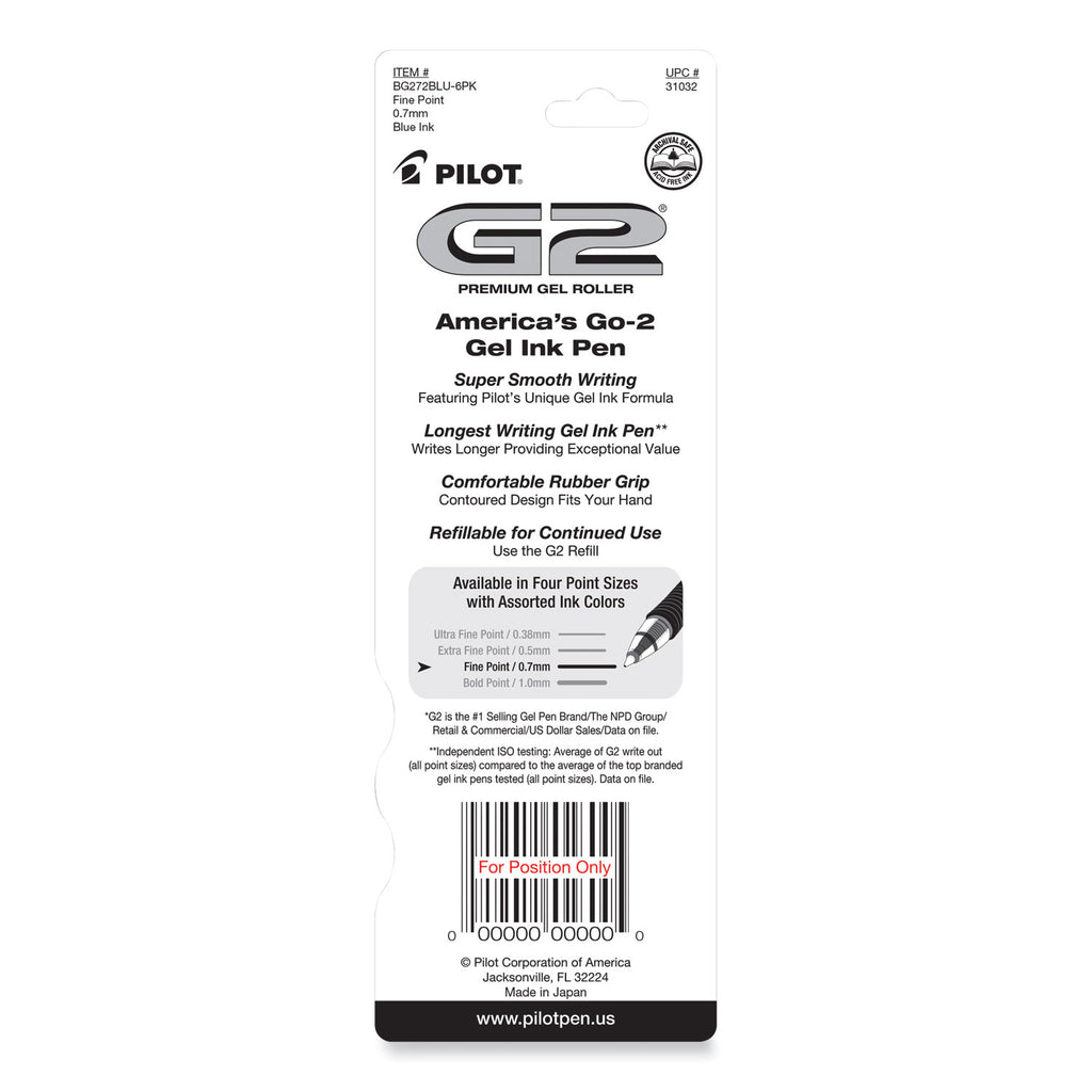 G2 Premium Gel Pen, Retractable, Fine 0.7 mm, Blue Ink, Smoke/Blue Barrel, 2/Pack