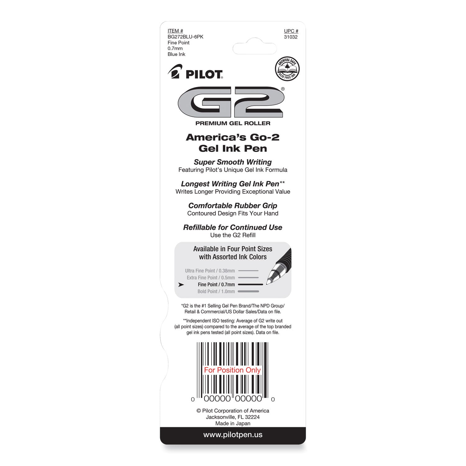 G2 Premium Gel Pen, Retractable, Fine 0.7 mm, Blue Ink, Smoke/Blue Barrel, 2/Pack