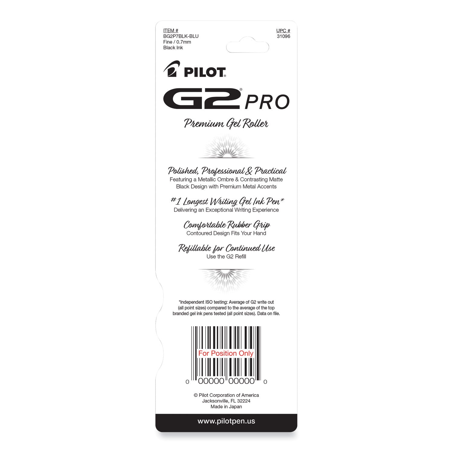 G2 Pro Gel Pen, Retractable, Fine 0.7 mm, Black Ink, Blue Barrel - 