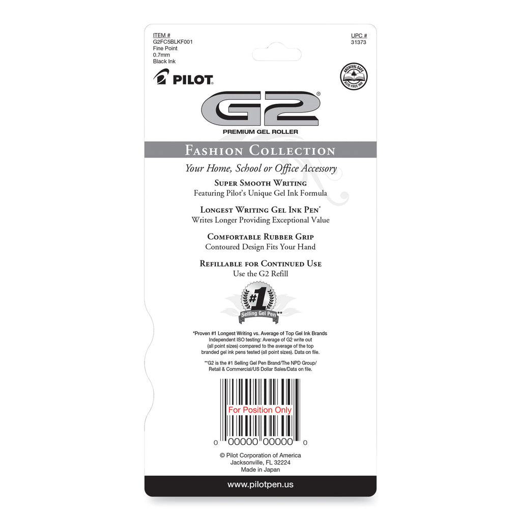 G2 Fashion Premium Gel Pen, Retractable, Fine 0.7 mm, Black Ink, Assorted Barrel Colors, 5/Pack