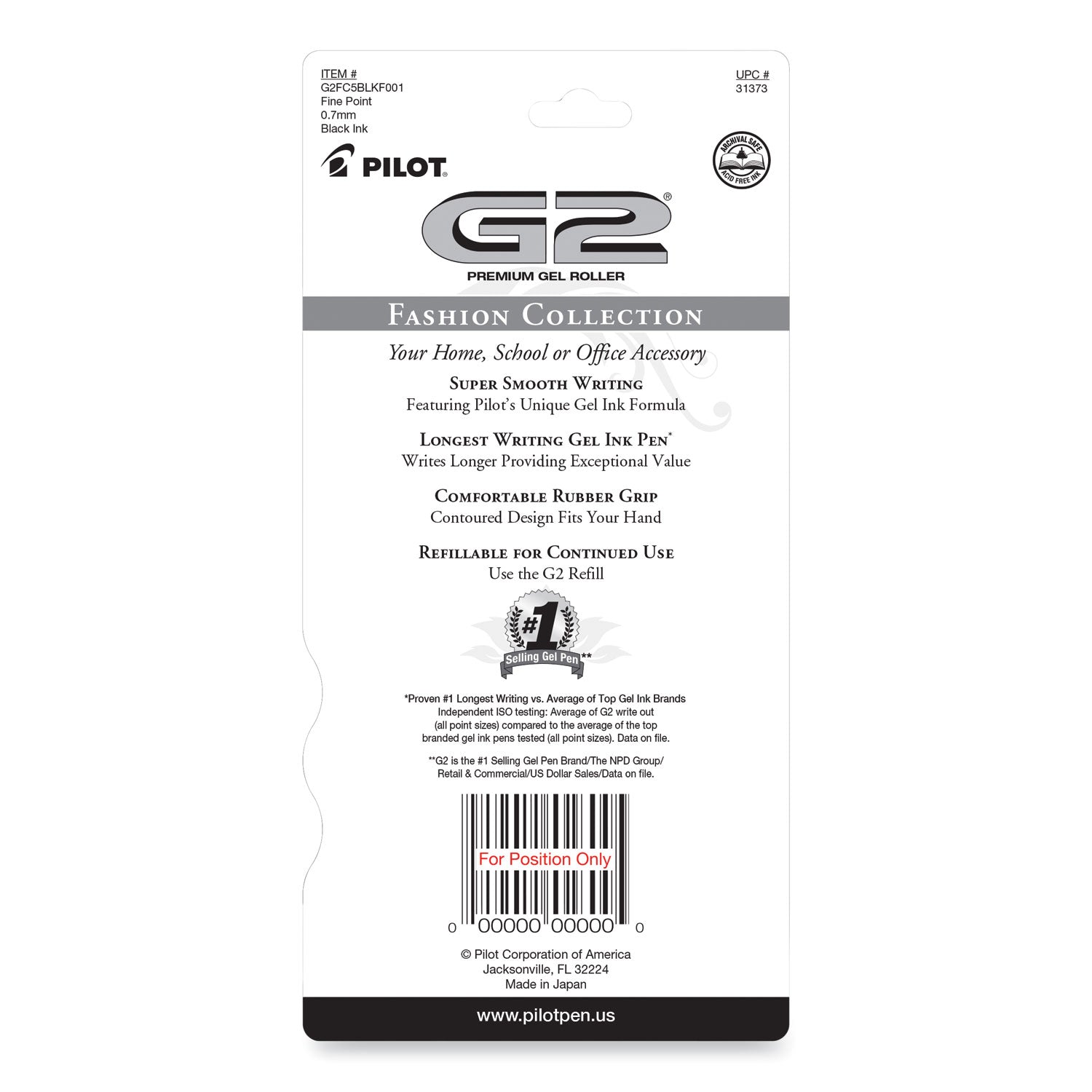 G2 Fashion Premium Gel Pen, Retractable, Fine 0.7 mm, Black Ink, Assorted Barrel Colors, 5/Pack