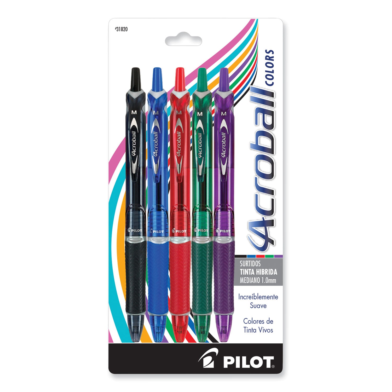 Acroball Colors Advanced Ink Hybrid Gel Pen, Retractable, Medium 1 mm, Assorted Ink and Barrel Colors, 5/Pack - 