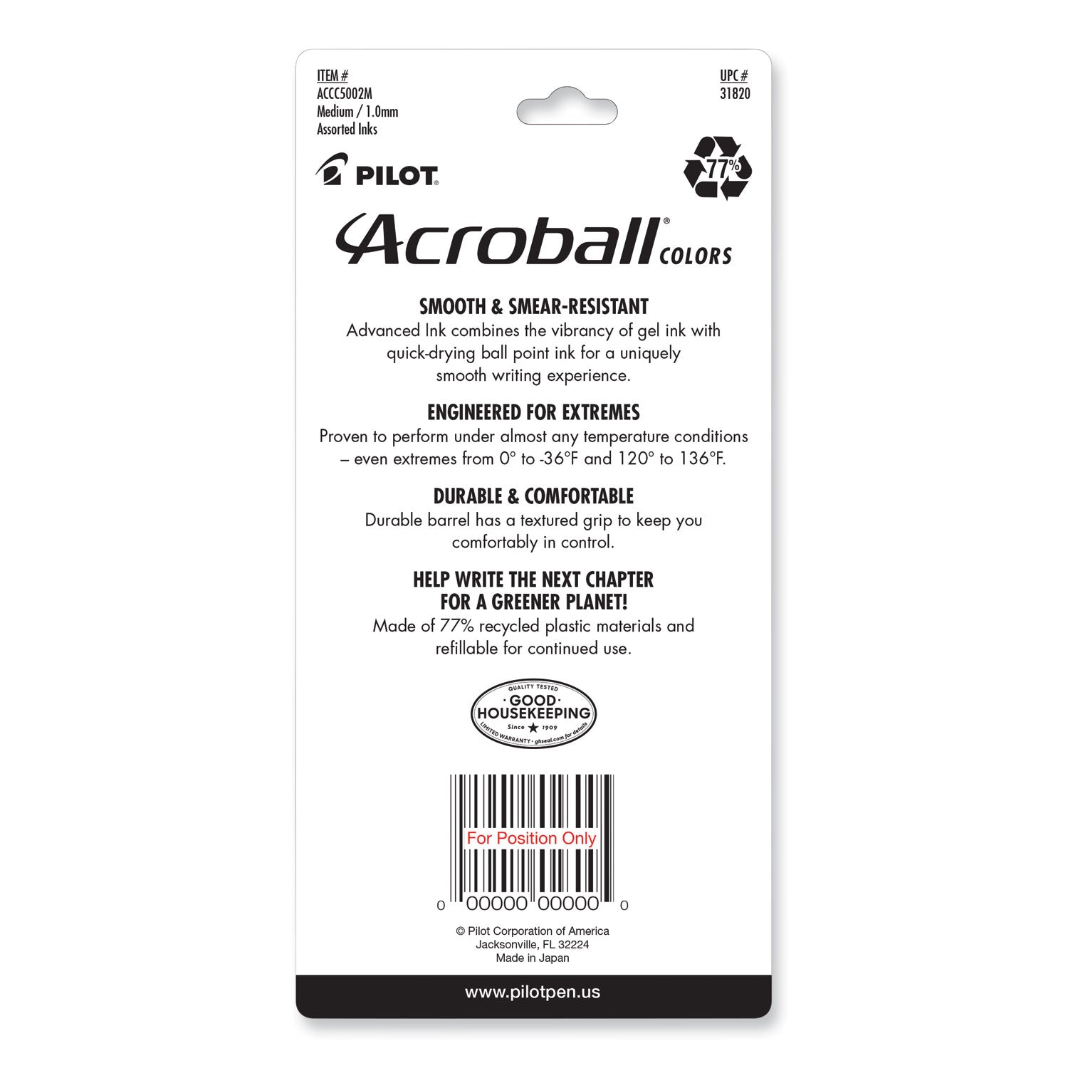 Acroball Colors Advanced Ink Hybrid Gel Pen, Retractable, Medium 1 mm, Assorted Ink and Barrel Colors, 5/Pack