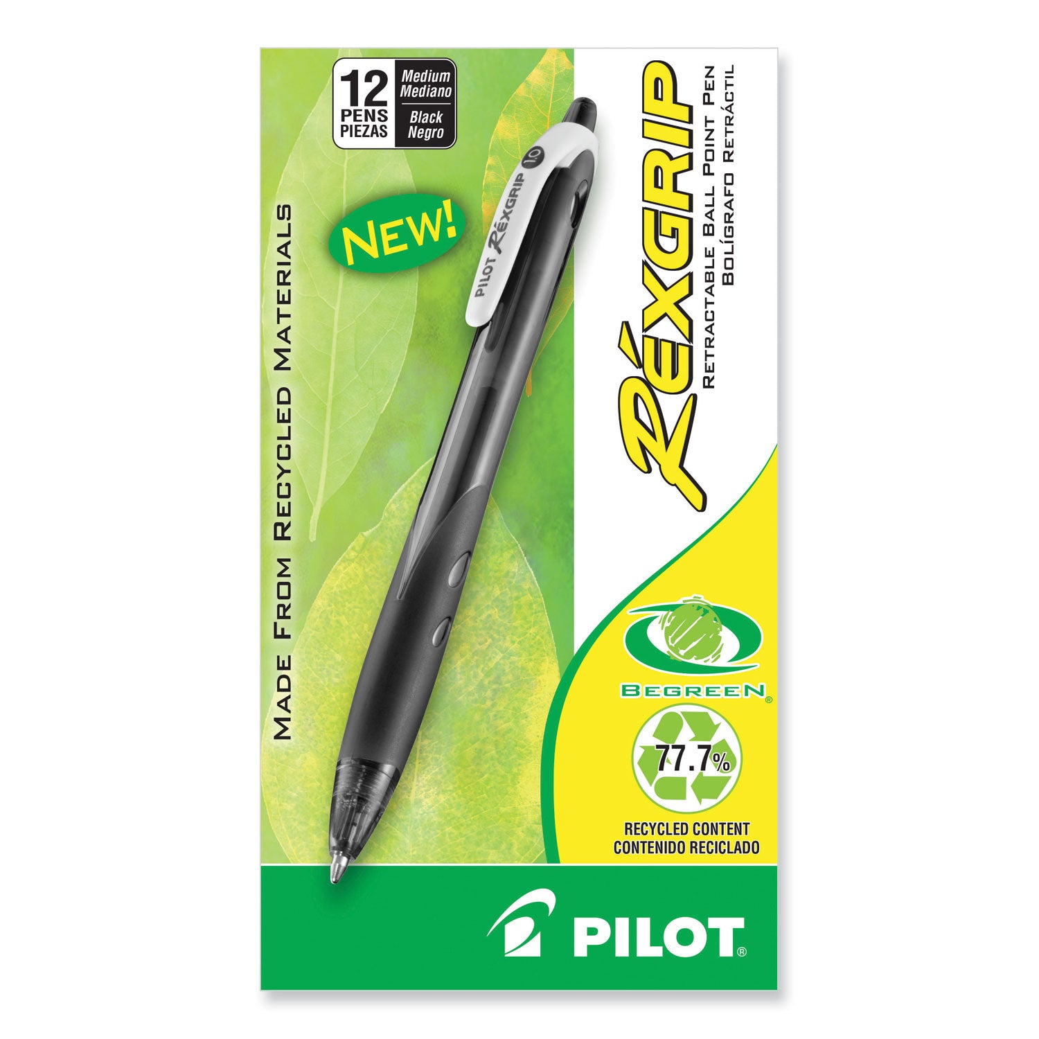 RexGrip BeGreen Ballpoint Pen, Retractable, Medium 1 mm, Black Ink, Smoke/Black Barrel, Dozen
