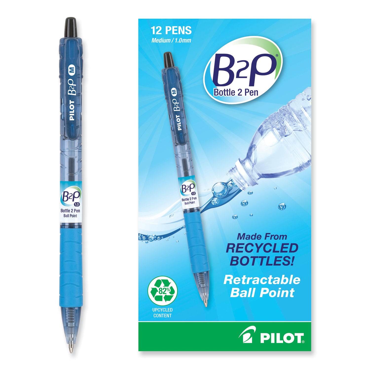 B2P Bottle-2-Pen Recycled Ballpoint Pen, Retractable, Medium 1 mm, Black Ink, Translucent Blue Barrel, Dozen - 