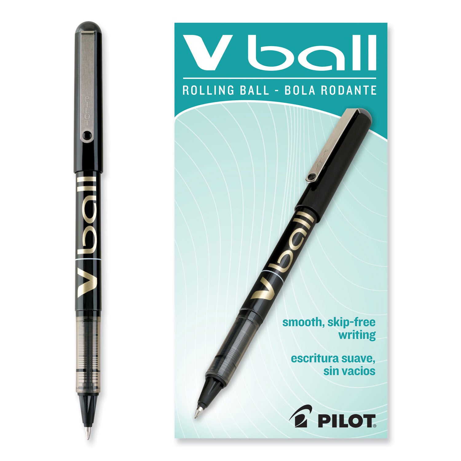 VBall Liquid Ink Roller Ball Pen, Stick, Fine 0.7 mm, Black Ink, Black/Clear Barrel, Dozen