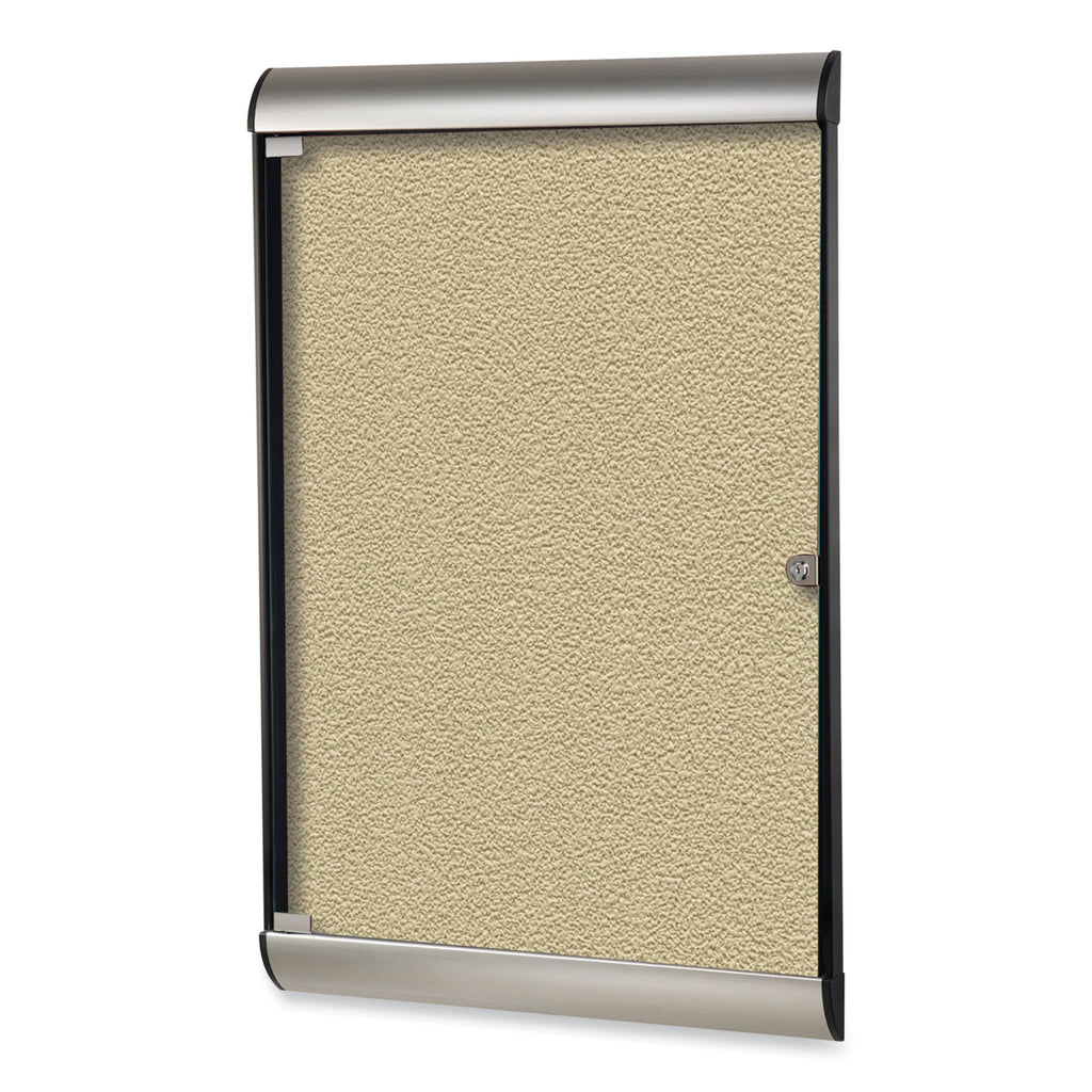 Silhouette 1 Door Enclosed Caramel Vinyl Bulletin Board with Satin/Black Frame, 27.75 x 42.13, Ships in 7-10 Business Days