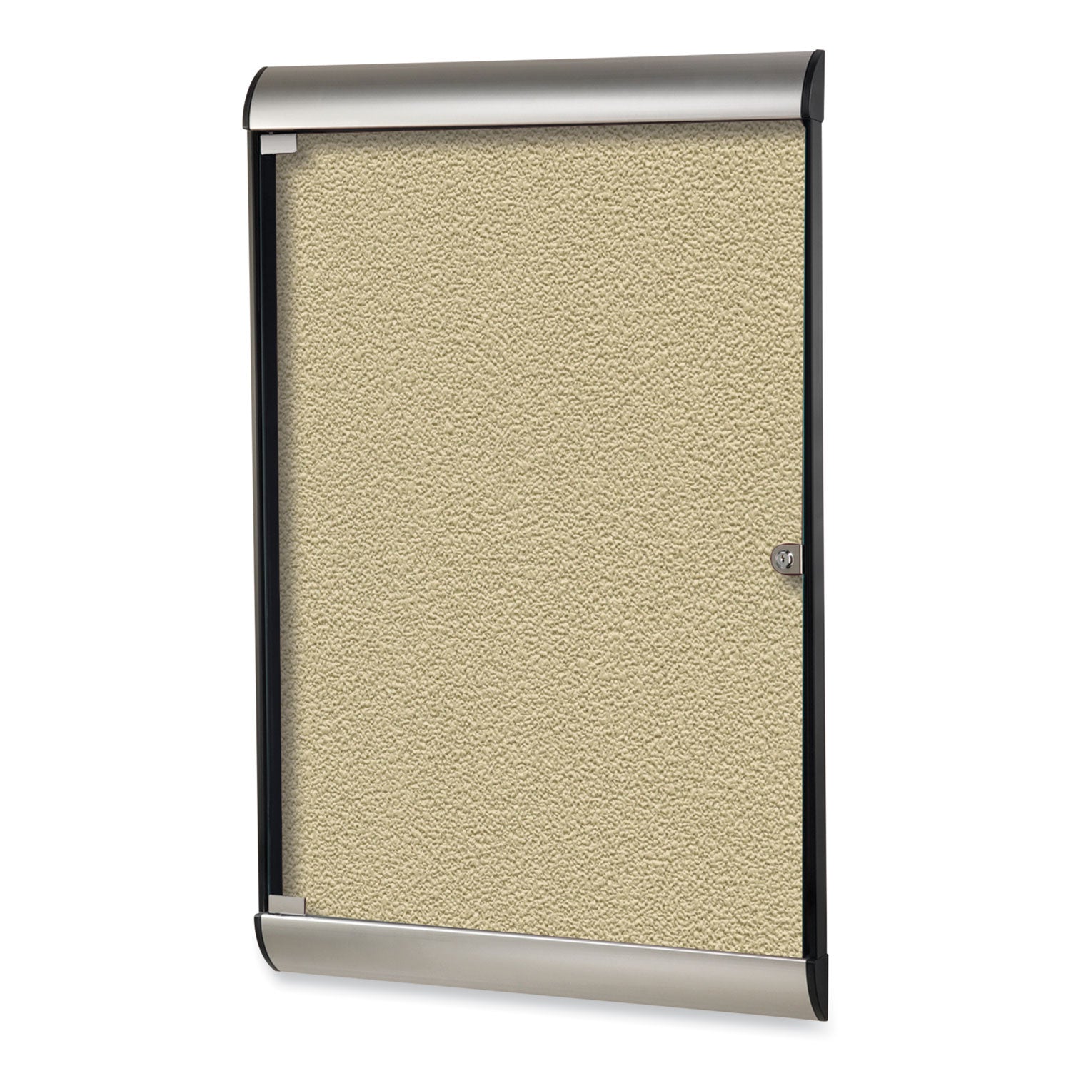 Silhouette 1 Door Enclosed Caramel Vinyl Bulletin Board with Satin/Black Frame, 27.75 x 42.13, Ships in 7-10 Business Days