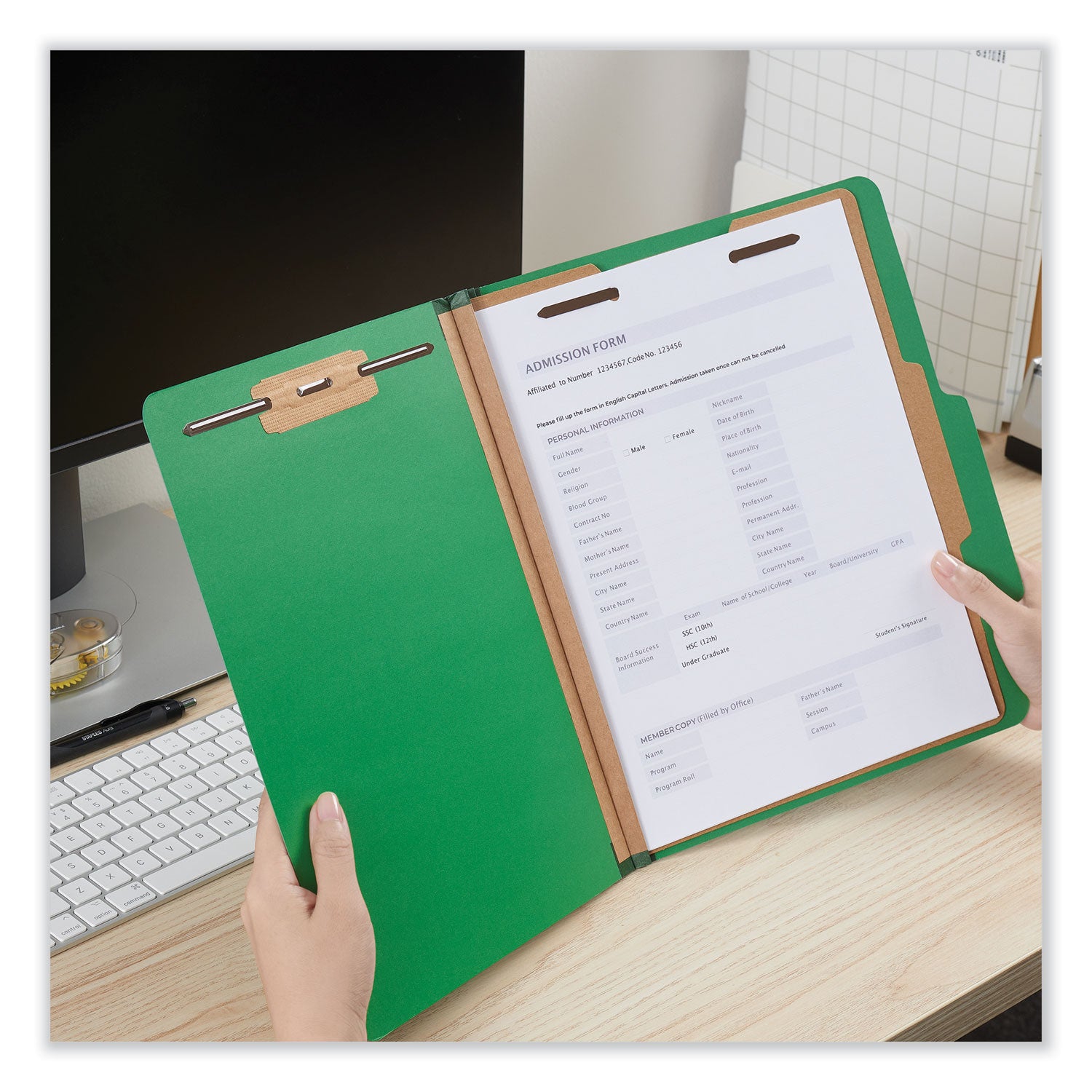 Bright Colored Pressboard Classification Folders, 2" Expansion, 1 Divider, 4 Fasteners, Letter Size, Emerald Green, 10/Box - 
