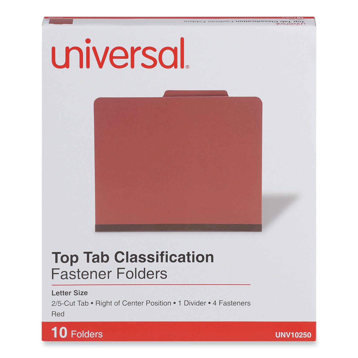 Four-Section Pressboard Classification Folders, 2" Expansion, 1 Divider, 4 Fasteners, Letter Size, Red Exterior, 10/Box - 