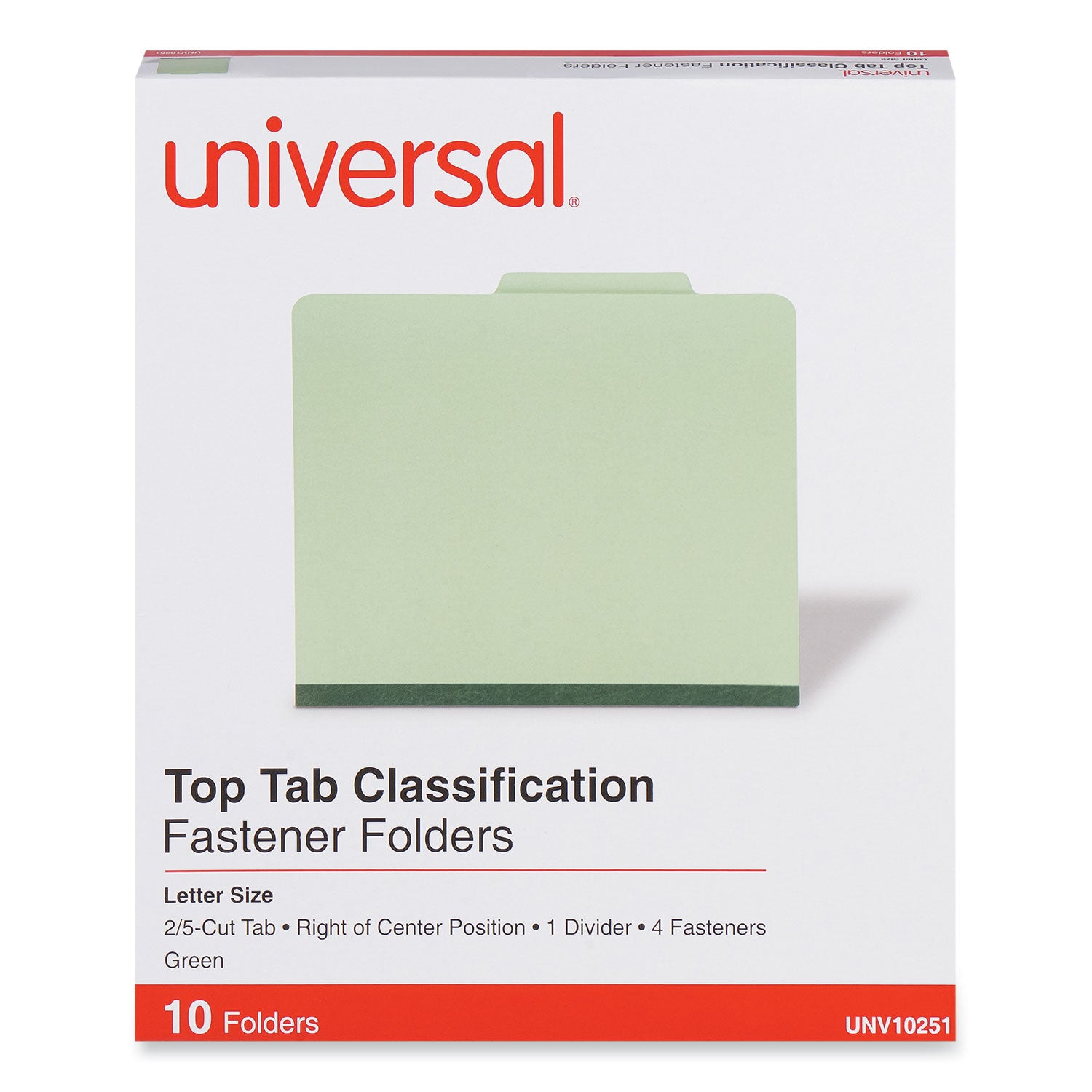 Four-Section Pressboard Classification Folders, 2" Expansion, 1 Divider, 4 Fasteners, Letter Size, Green Exterior, 10/Box - 