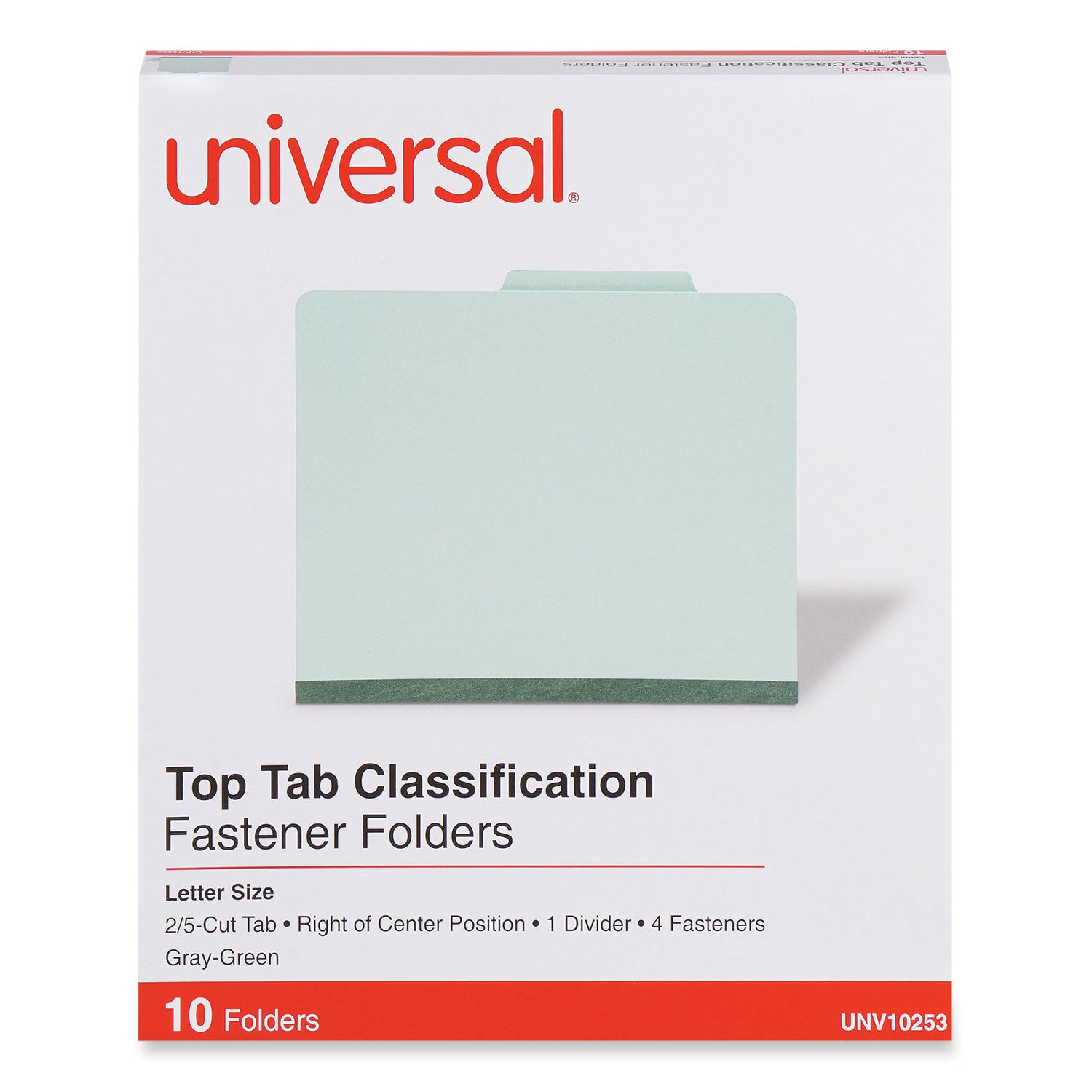 Four-Section Pressboard Classification Folders, 2" Expansion, 1 Divider, 4 Fasteners, Letter Size, Gray-Green, 10/Box - 