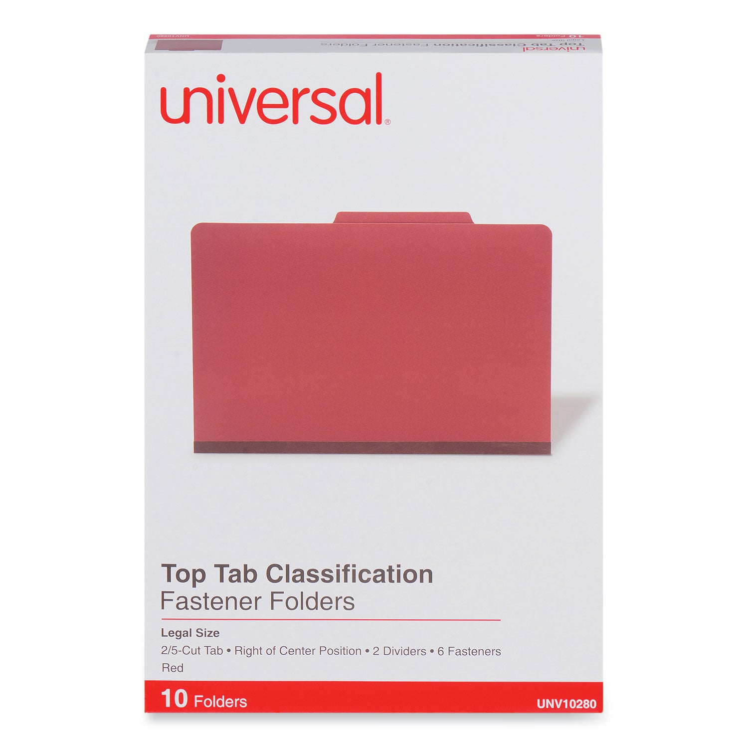 Six-Section Pressboard Classification Folders, 2" Expansion, 2 Dividers, 6 Fasteners, Legal Size, Red Exterior, 10/Box - 