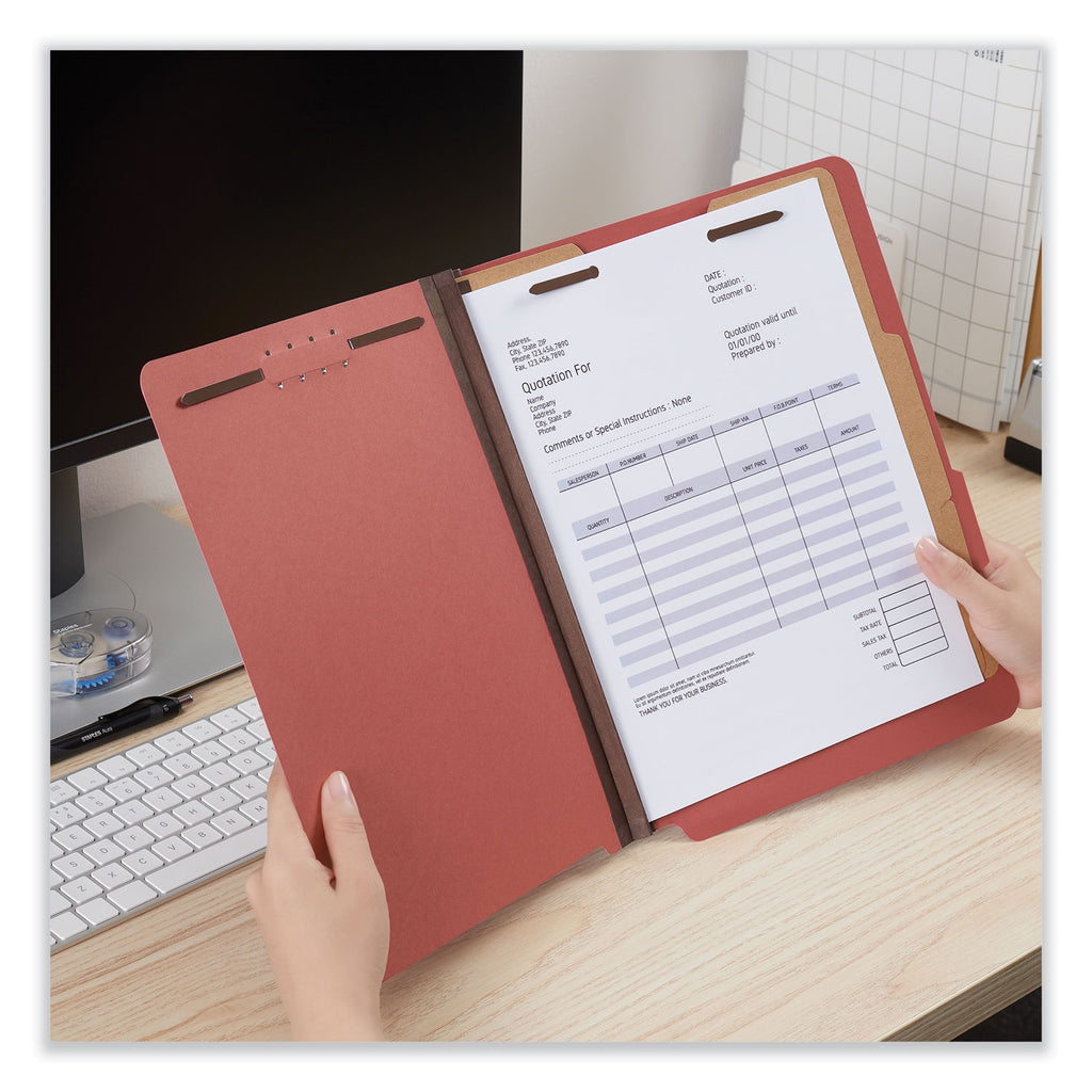 Bright Colored Pressboard Classification Folders, 2" Expansion, 2 Dividers, 6 Fasteners, Letter Size, Ruby Red, 10/Box - 
