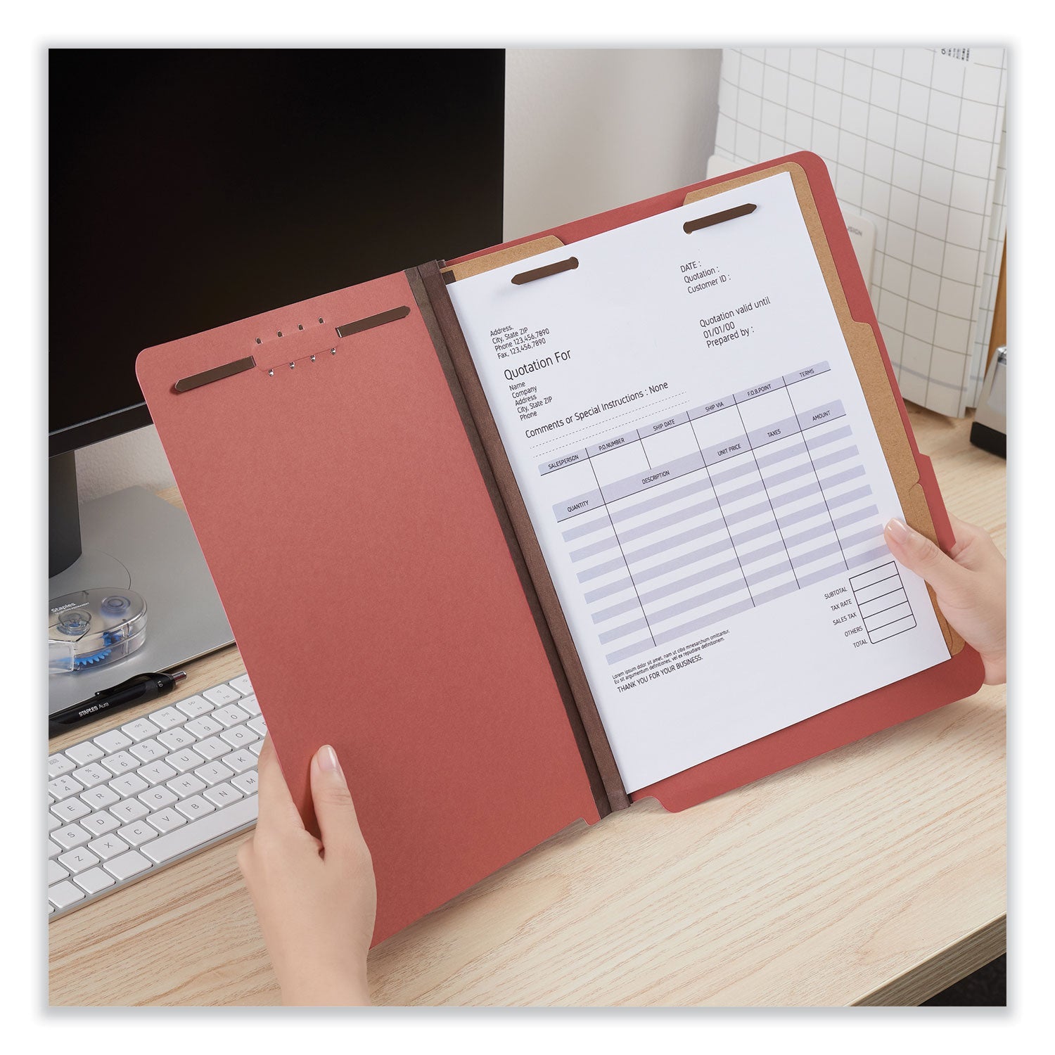 Bright Colored Pressboard Classification Folders, 2" Expansion, 2 Dividers, 6 Fasteners, Letter Size, Ruby Red, 10/Box - 