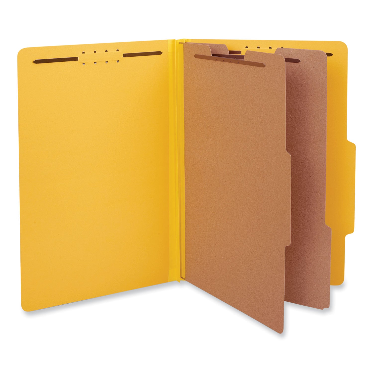 Bright Colored Pressboard Classification Folders, 2" Expansion, 2 Dividers, 6 Fasteners, Legal Size, Yellow Exterior, 10/Box - 