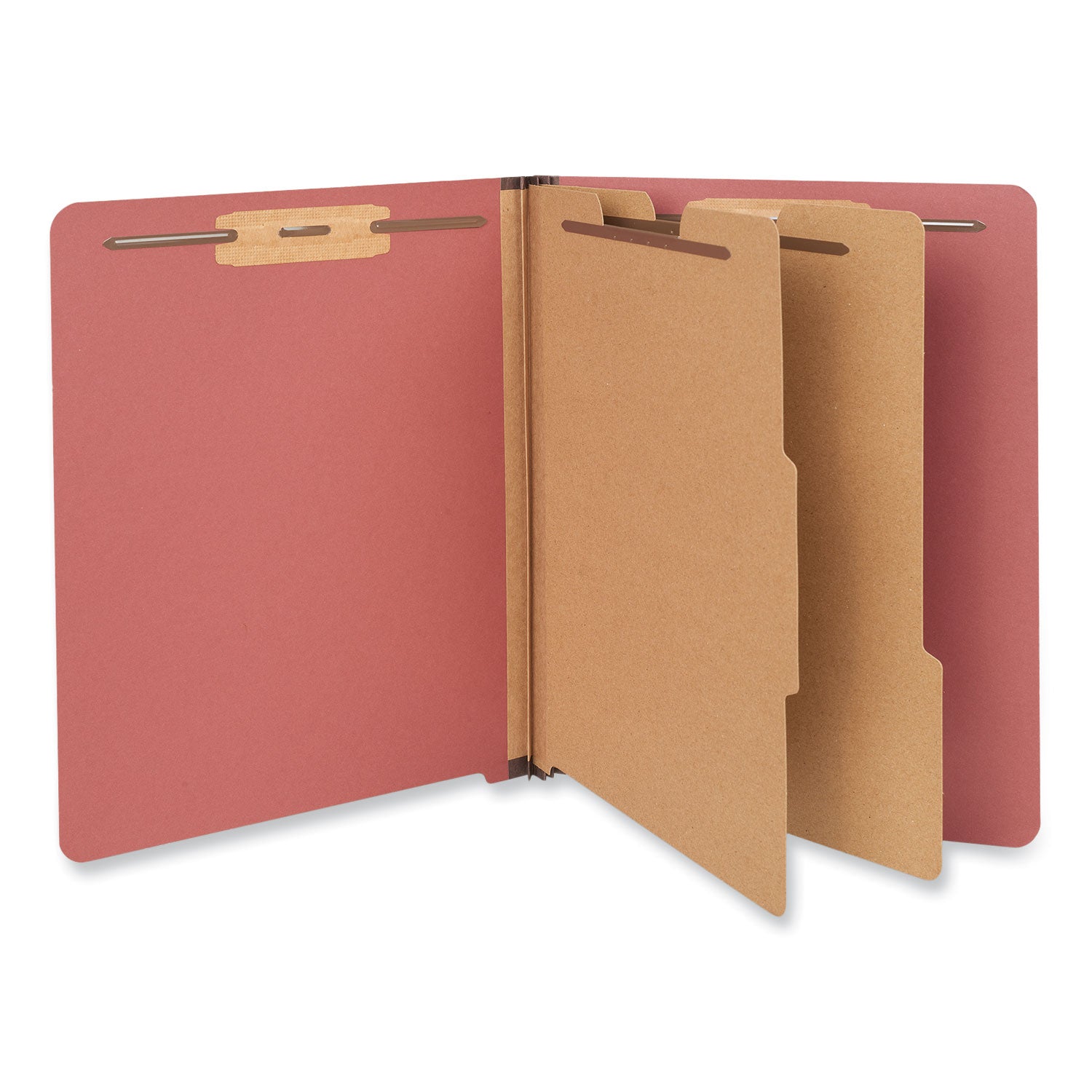 Red Pressboard End Tab Classification Folders, 2" Expansion, 2 Dividers, 6 Fasteners, Letter Size, Red Exterior, 10/Box - 