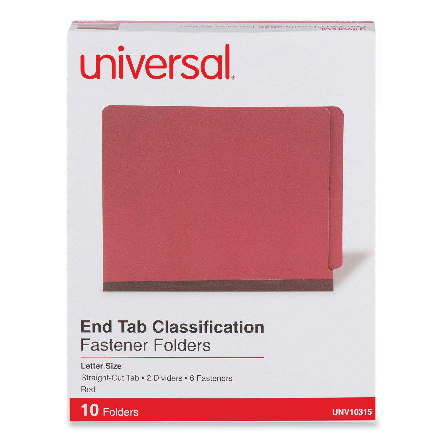 Red Pressboard End Tab Classification Folders, 2" Expansion, 2 Dividers, 6 Fasteners, Letter Size, Red Exterior, 10/Box - 