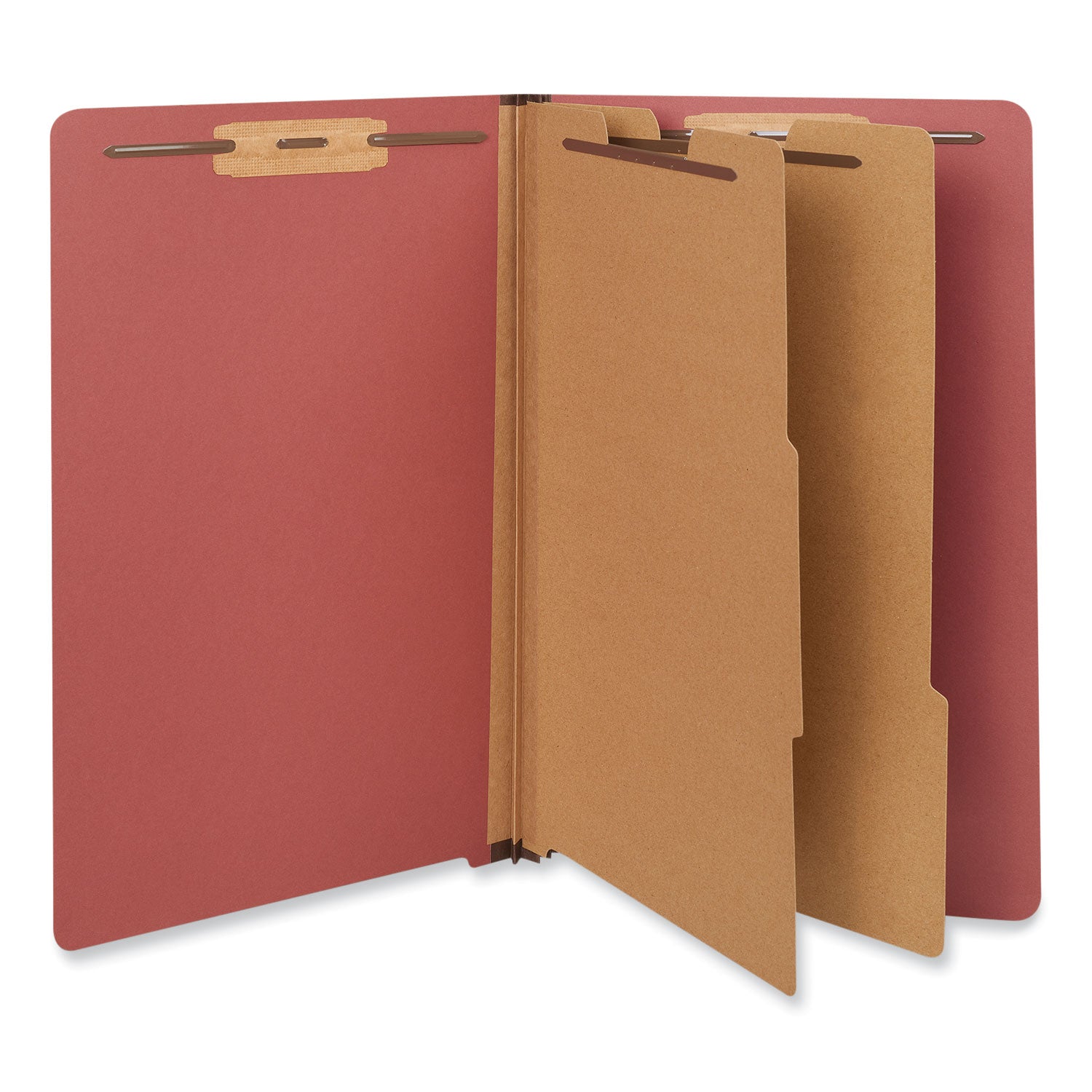 Red Pressboard End Tab Classification Folders, 2" Expansion, 2 Dividers, 6 Fasteners, Legal Size, Red Exterior, 10/Box - 