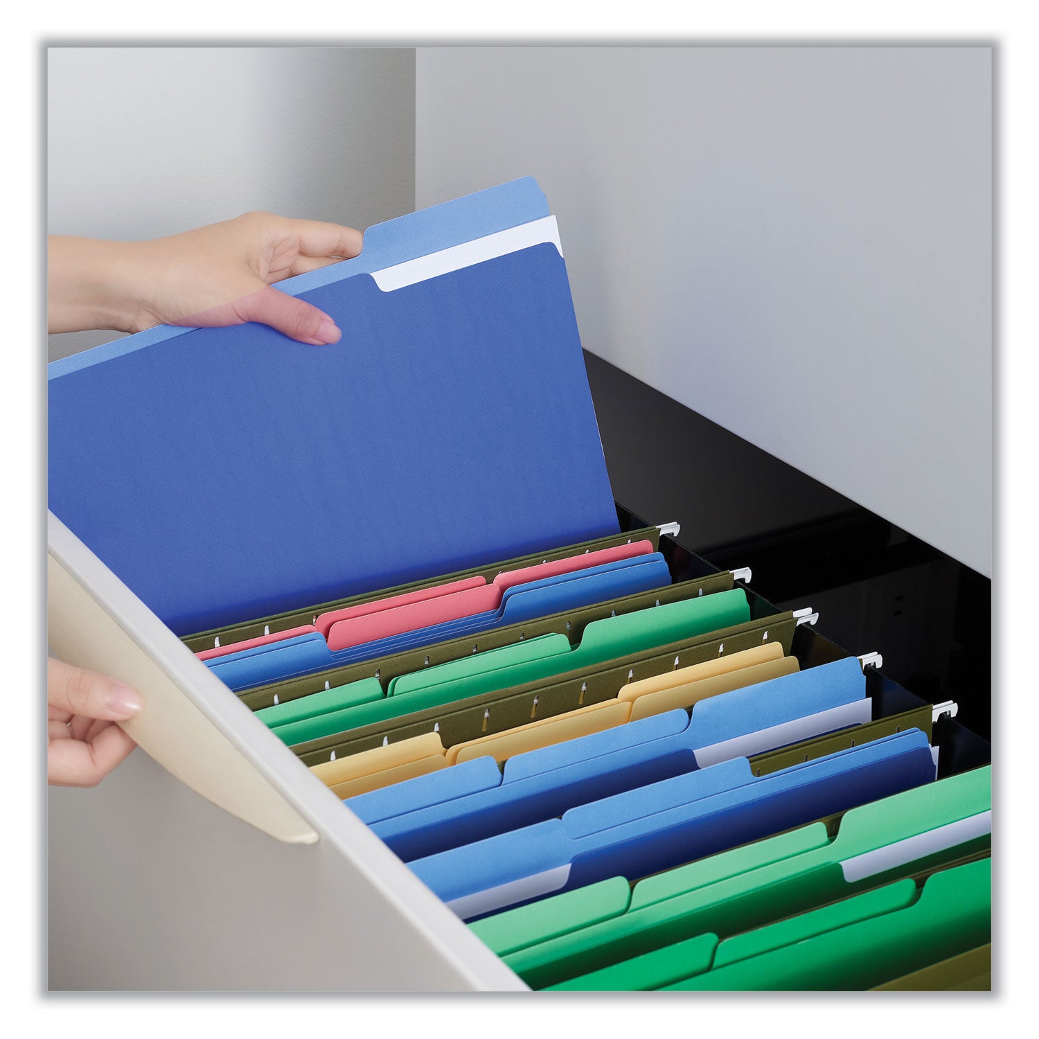 Interior File Folders, 1/3-Cut Tabs: Assorted, Letter Size, 11-pt Stock, Blue, 100/Box - 