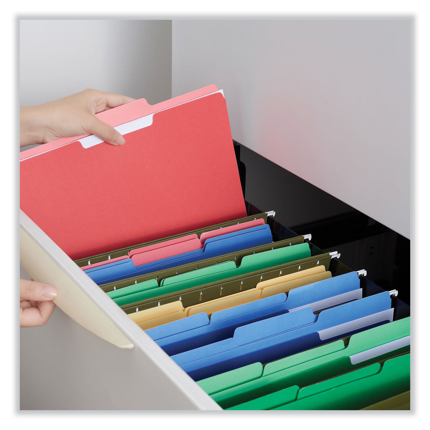 Interior File Folders, 1/3-Cut Tabs: Assorted, Letter Size, 11-pt Stock, Red, 100/Box - 