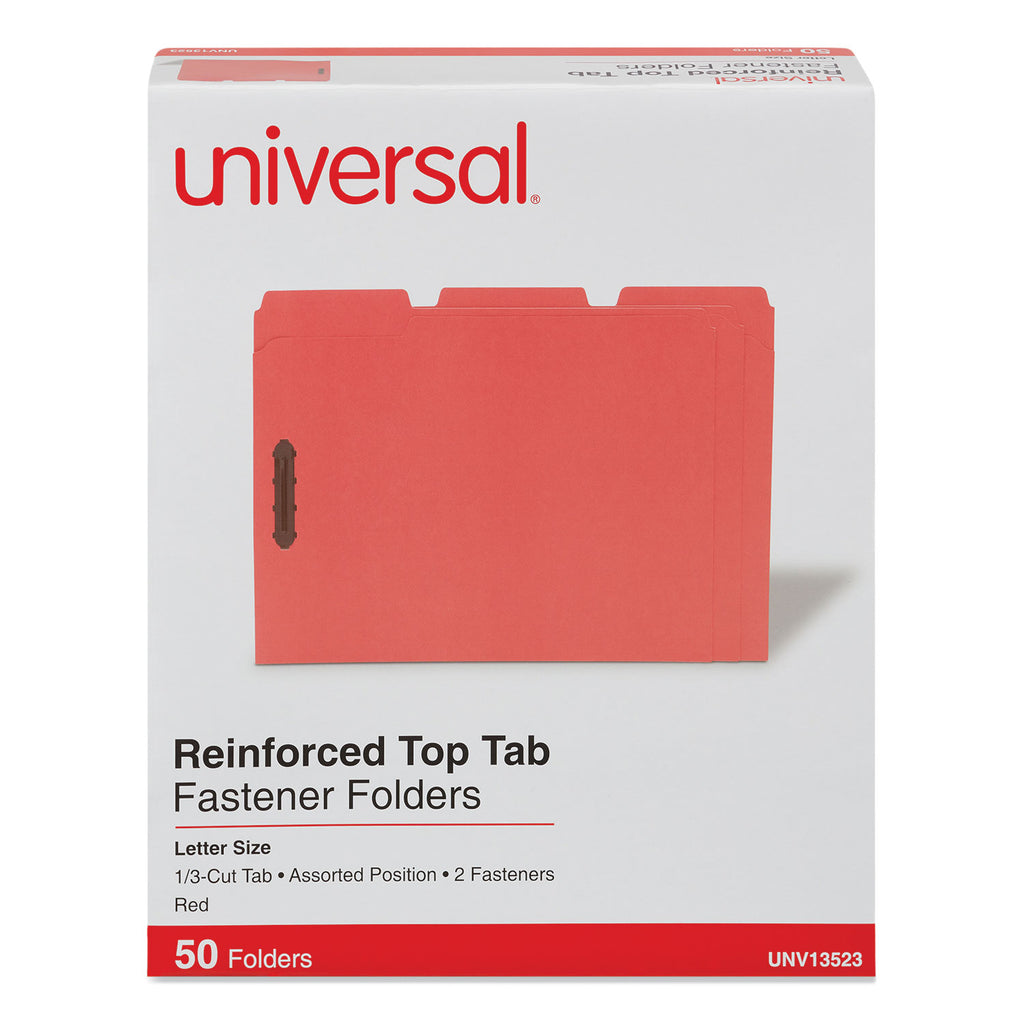 Deluxe Reinforced Top Tab Fastener Folders, 0.75" Expansion, 2 Fasteners, Letter Size, Red Exterior, 50/Box - 