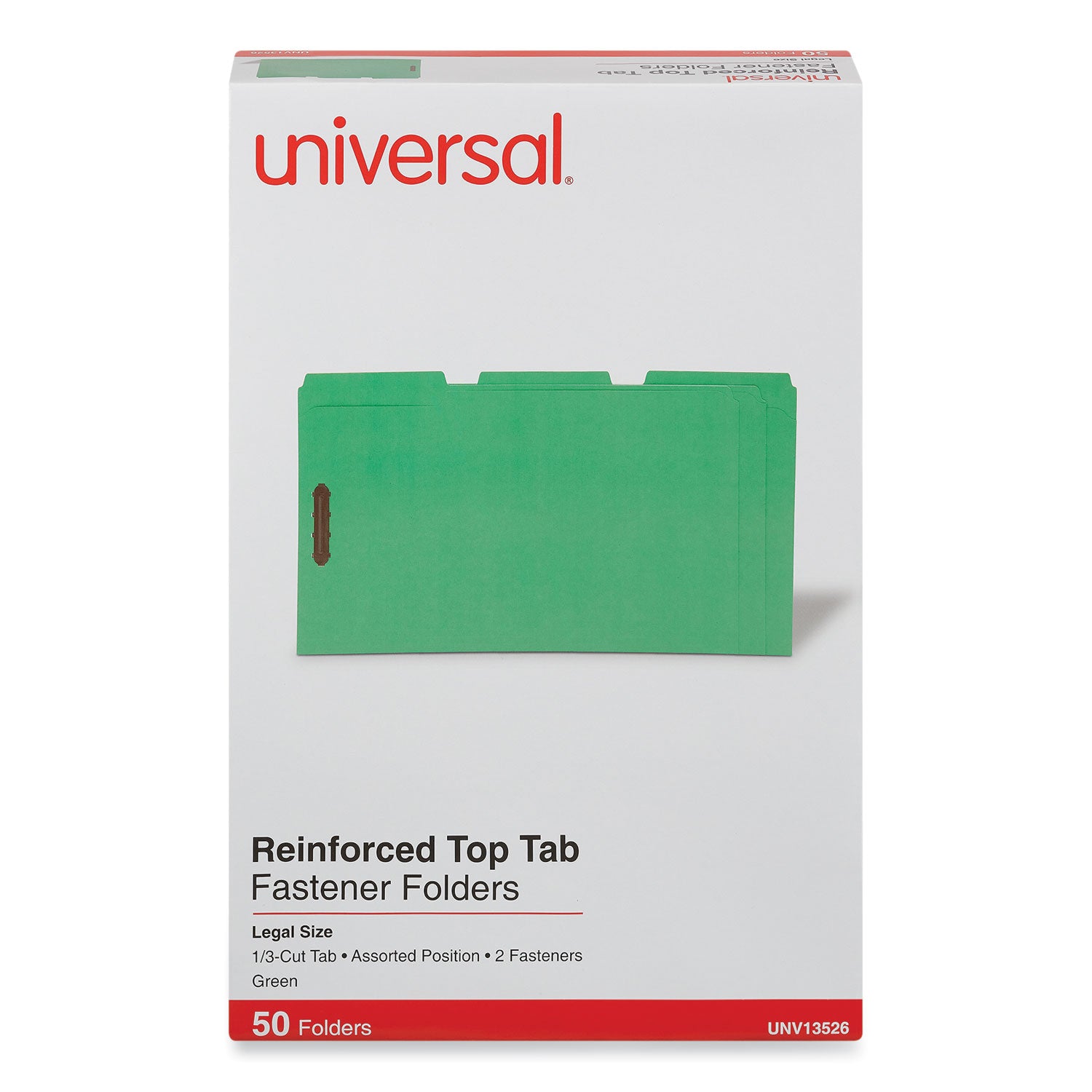 Deluxe Reinforced Top Tab Fastener Folders, 0.75" Expansion, 2 Fasteners, Legal Size, Green Exterior, 50/Box - 