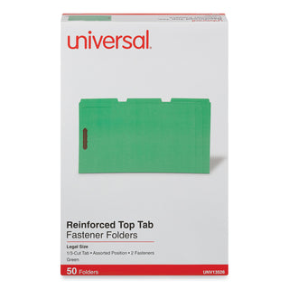 Deluxe Reinforced Top Tab Fastener Folders, 0.75" Expansion, 2 Fasteners, Legal Size, Green Exterior, 50/Box - 