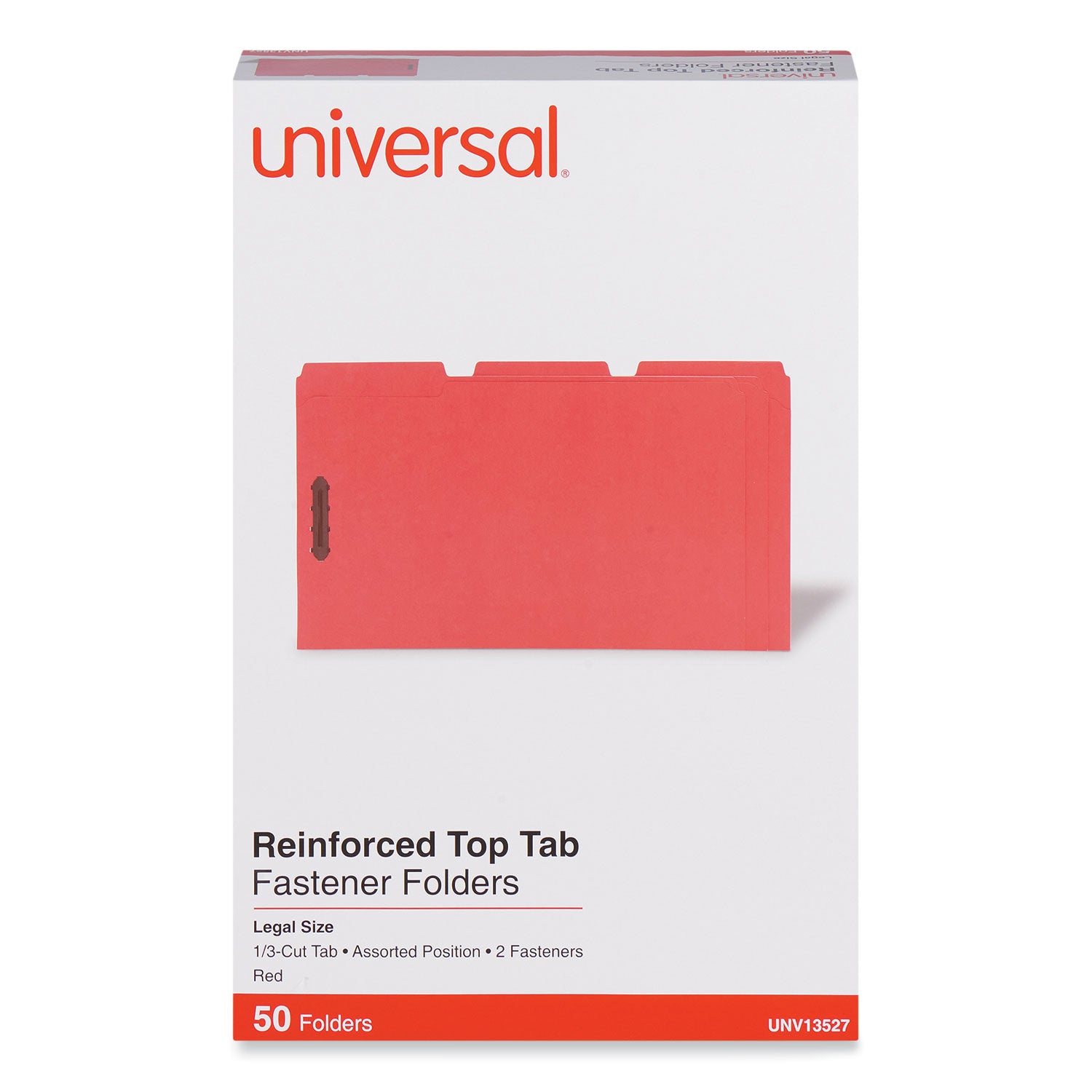 Deluxe Reinforced Top Tab Fastener Folders, 0.75" Expansion, 2 Fasteners, Legal Size, Red Exterior, 50/Box - 