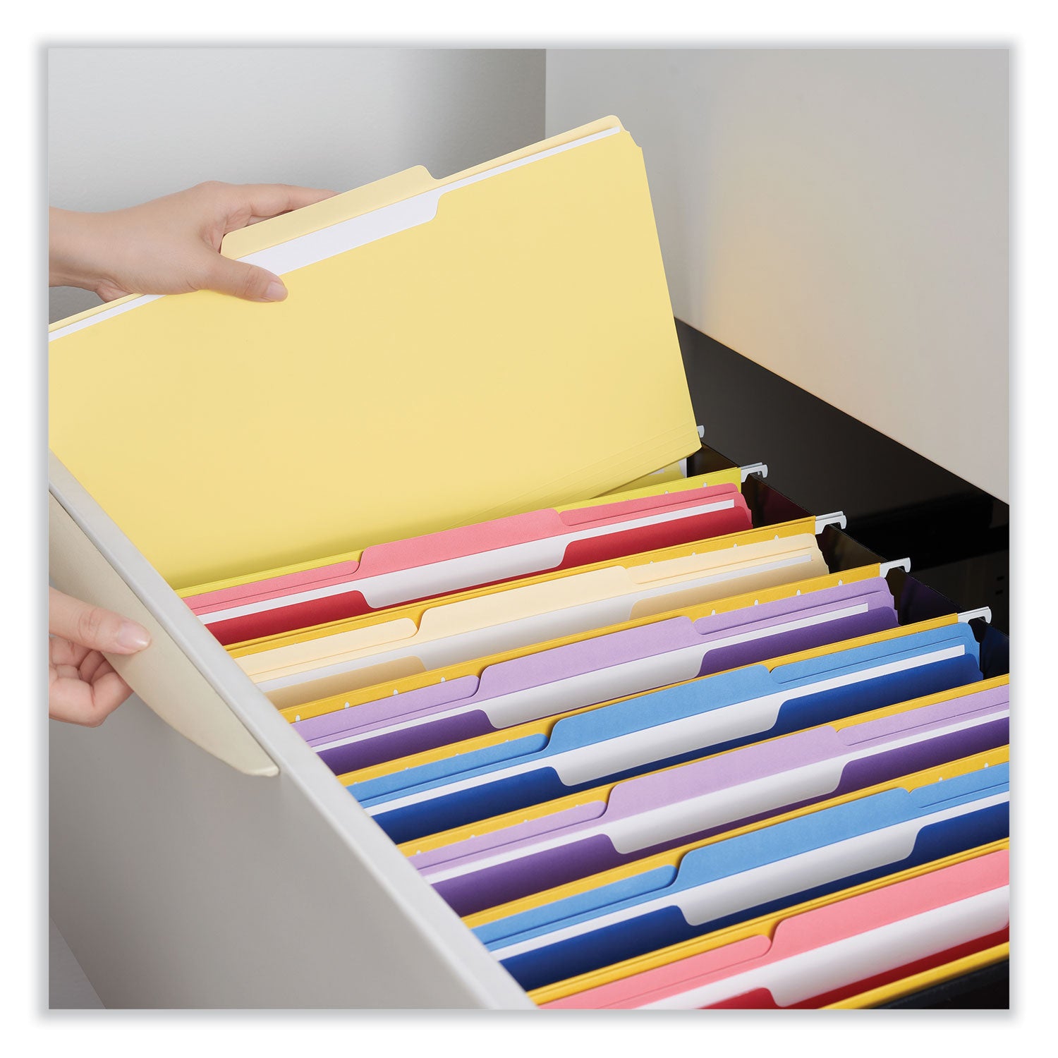 Interior File Folders, 1/3-Cut Tabs: Assorted, Legal Size, 11-pt Stock, Yellow, 100/Box - 