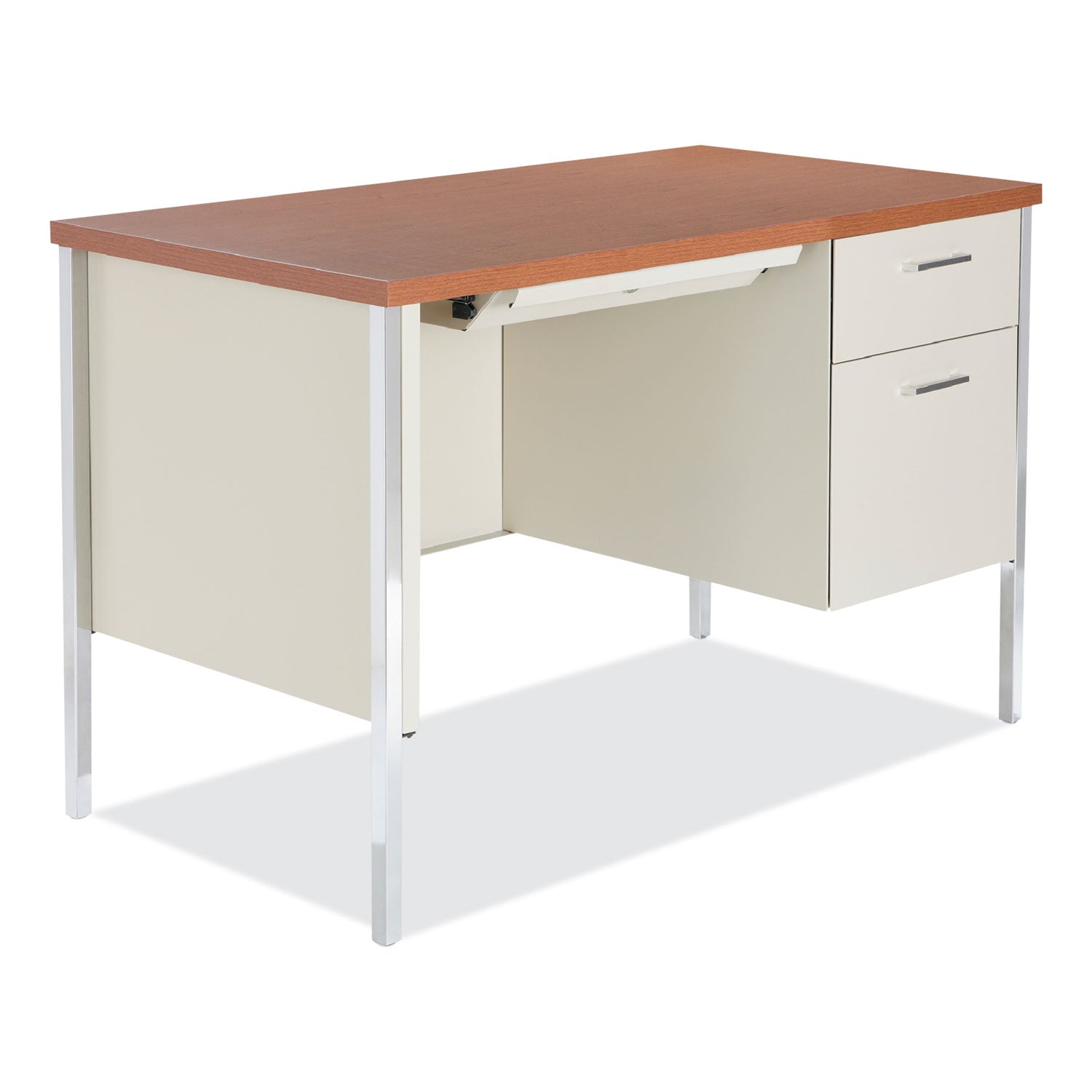 Single Pedestal Steel Desk, 45.25" x 24" x 29.5", Cherry/Putty, Chrome-Plated Legs - 