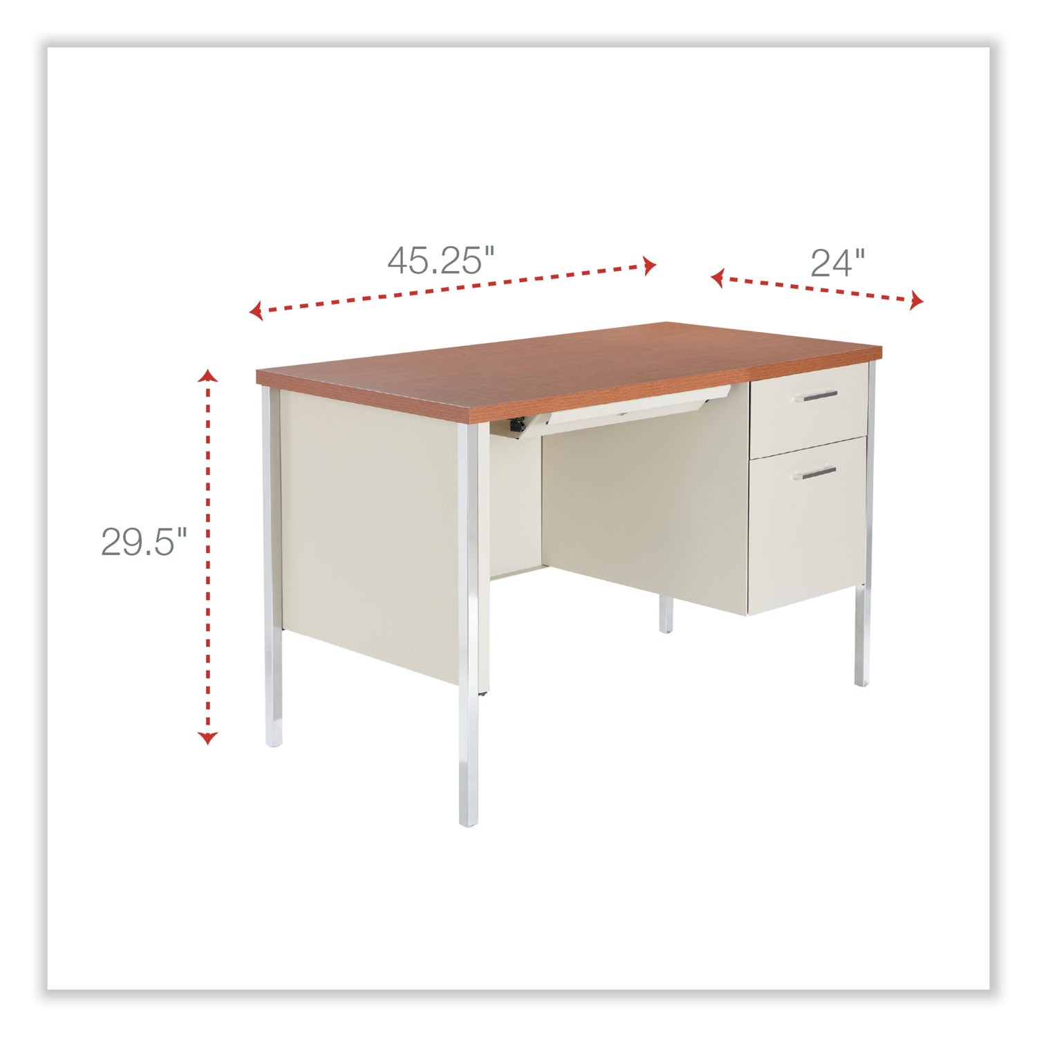 Single Pedestal Steel Desk, 45.25" x 24" x 29.5", Cherry/Putty, Chrome-Plated Legs - 