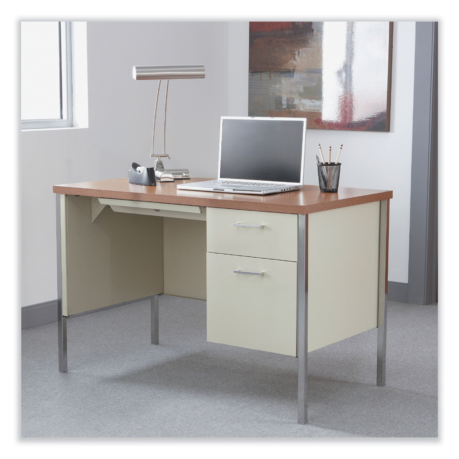 Single Pedestal Steel Desk, 45.25" x 24" x 29.5", Cherry/Putty, Chrome-Plated Legs - 