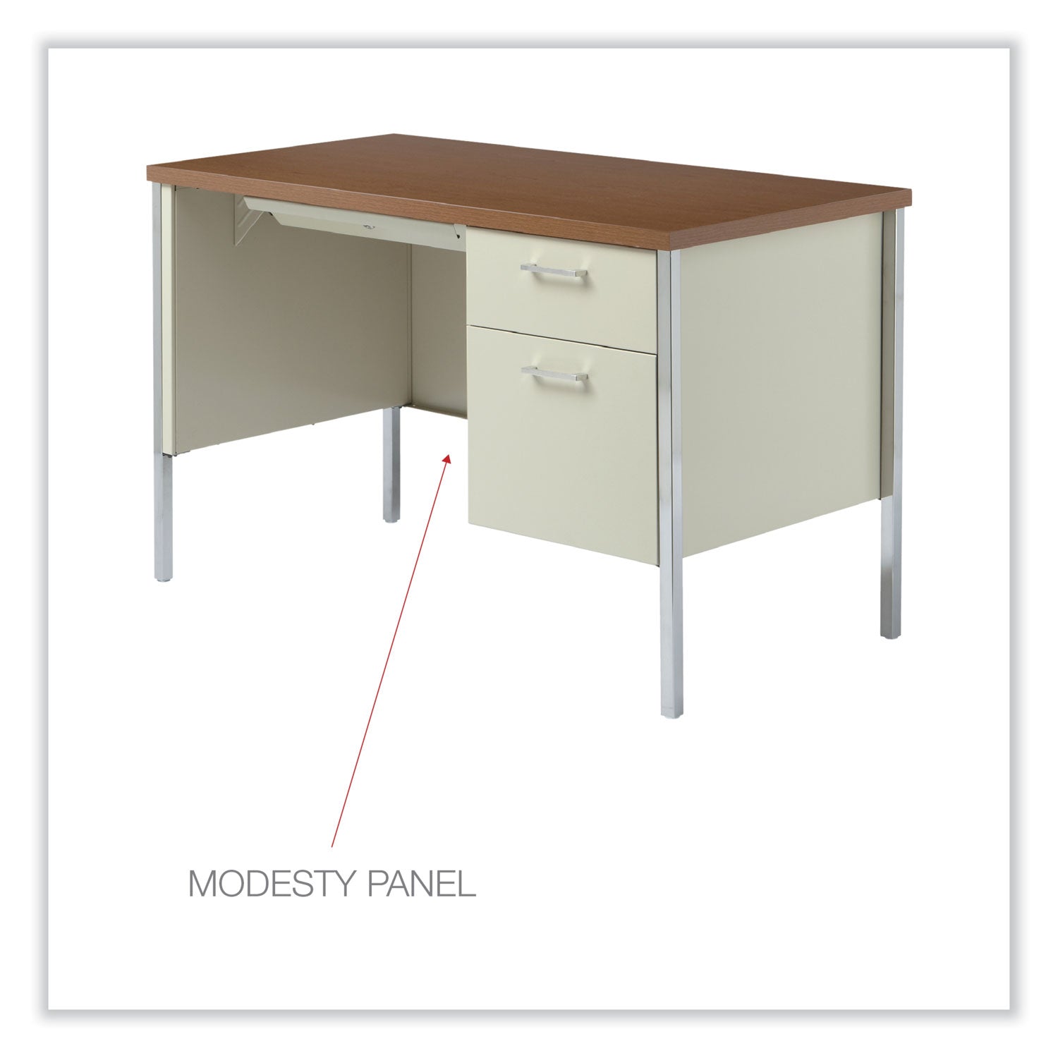 Single Pedestal Steel Desk, 45.25" x 24" x 29.5", Cherry/Putty, Chrome-Plated Legs - 