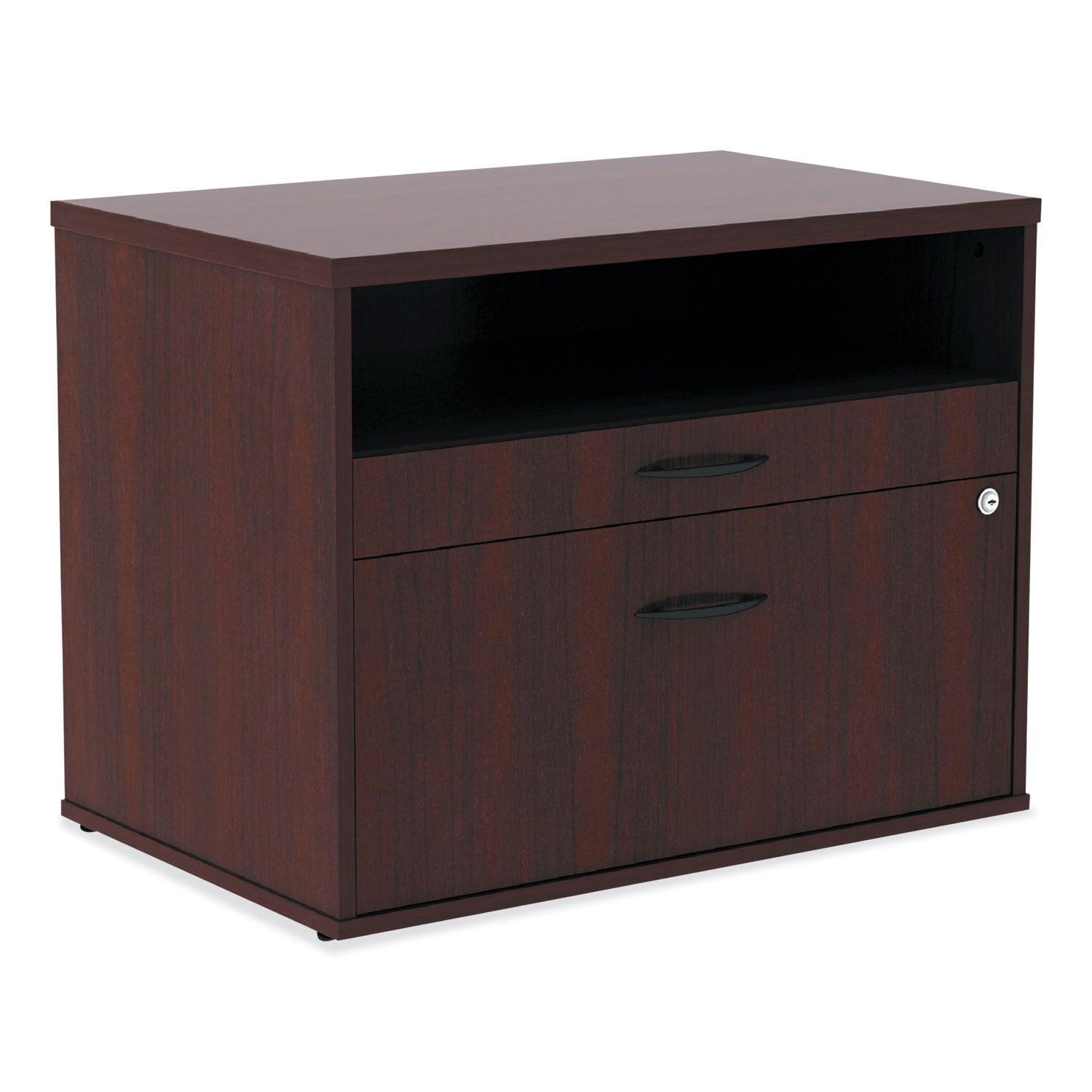 alera-open-office-desk-series-low-file-cabinet-credenza-2-drawer-pencil-filelegal-letter1-shelfmahogany295x1913x2288_alels583020my - 1